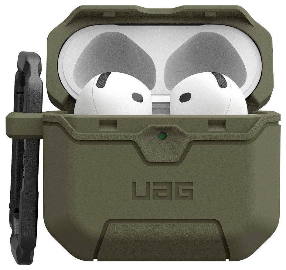 Olivgrüne UAG Schutzhülle für kabellose Kopfhörer, geöffnet und mit Kopfhörern im Inneren, entwickelt für Robustheit und strapazierfähigen Einsatz.