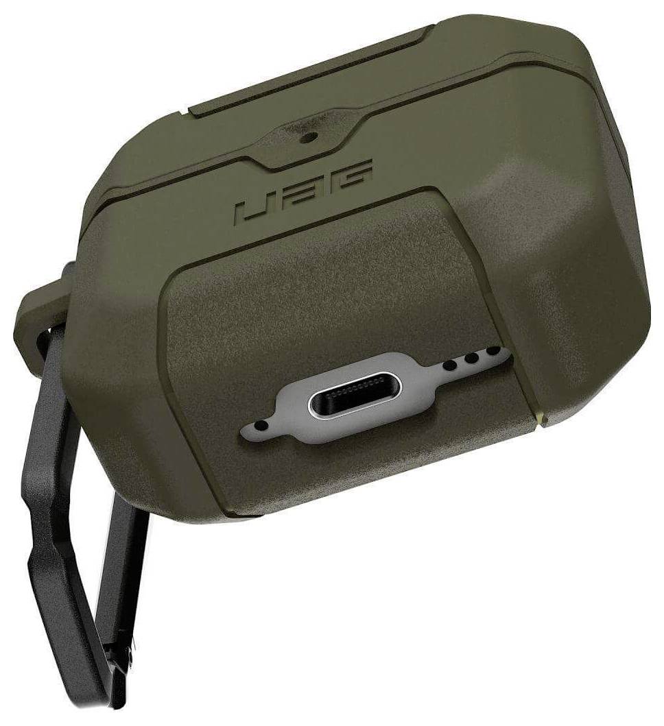 Ein dunkelgrünes, robustes Schutzetui mit integriertem Clip für ein kleines elektronisches Gerät, mit sichtbarem Ladeanschluss darunter.