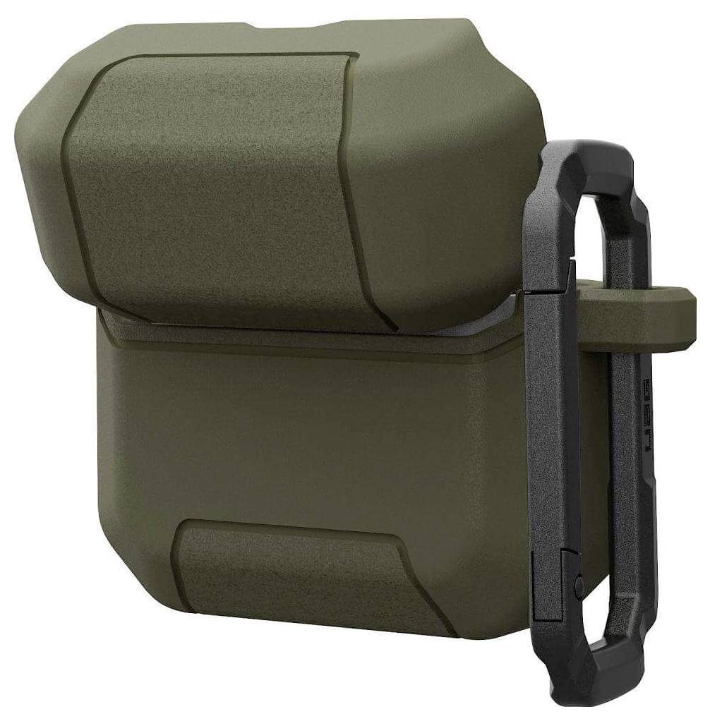 Ein robustes, dunkelgrünes Schutzgehäuse für AirPods, ausgestattet mit einer stabilen schwarzen Klammer an der Seite zum einfachen Anbringen an Taschen oder Gürteln.