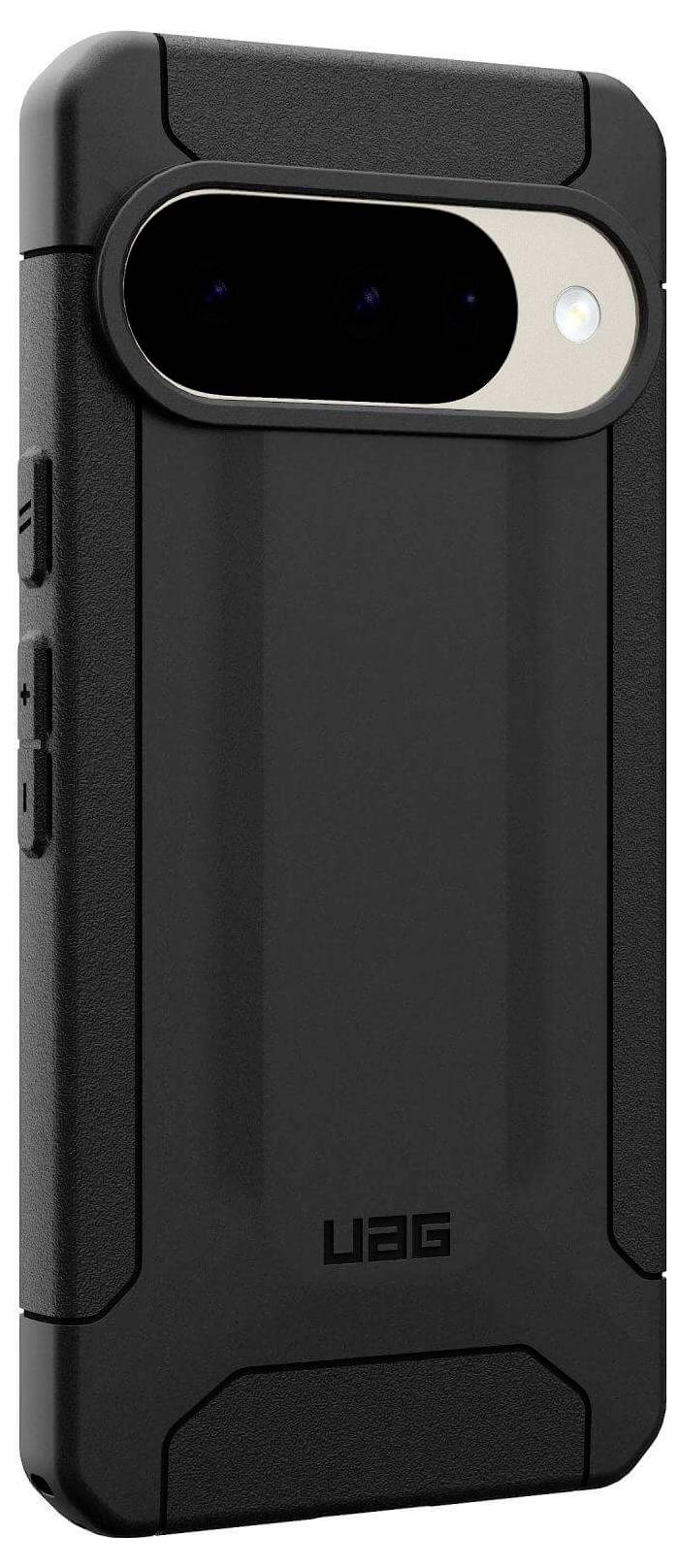 Ein robustes schwarzes Smartphone-Gehäuse von UAG mit verstärkten Ecken und einem erhöhten Rand um den Kamerabereich, entwickelt für maximalen Schutz.