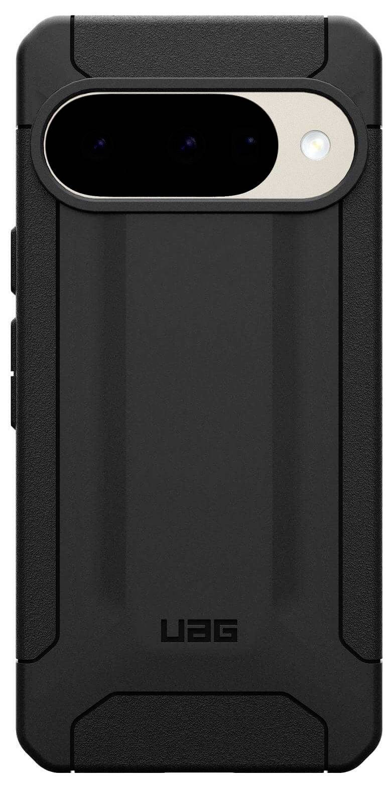 Ein robustes schwarzes Smartphone-Gehäuse mit einem horizontalen Kameraausschnitt, der mehrere Linsen und einen Blitz umfasst, entwickelt für Langlebigkeit und Schutz.
