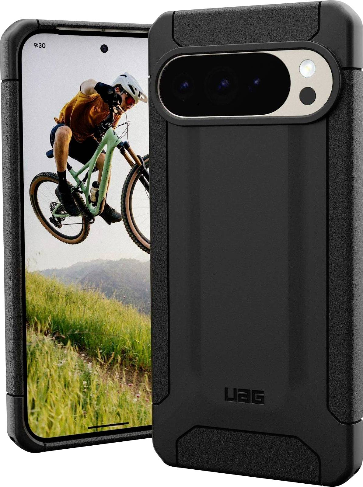 Ein Smartphone-Gehäuse mit robustem Design in schwarzer Farbe wird präsentiert. Ein Telefon im Inneren zeigt ein Bild einer Person, die auf einem Mountainbike einen Sprung vor einer malerischen Landschaft ausführt.