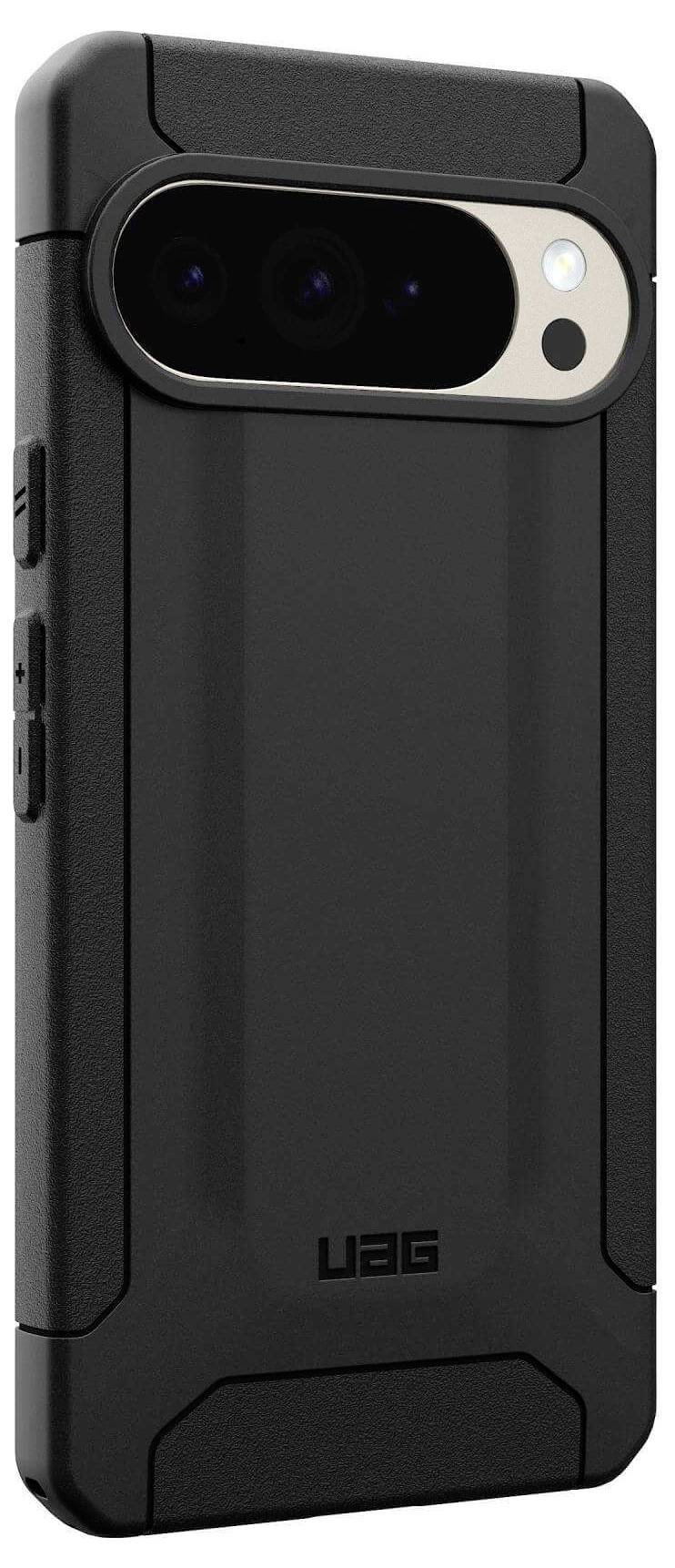 Ein robustes schwarzes Smartphone-Gehäuse mit verstärkten Kanten und Seitenknöpfen, das an der Oberseite eine Kameraausschnitt für eine Dual-Linsen-Konfiguration aufweist.