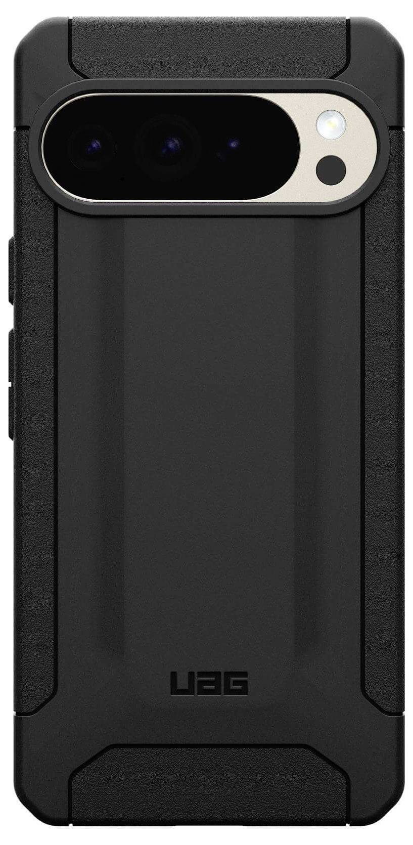 Ein robustes schwarzes Telefongehäuse mit verstärkten Ecken und Aussparungen für die Kamera und Tasten, das ein widerstandsfähiges und schützendes Design präsentiert.