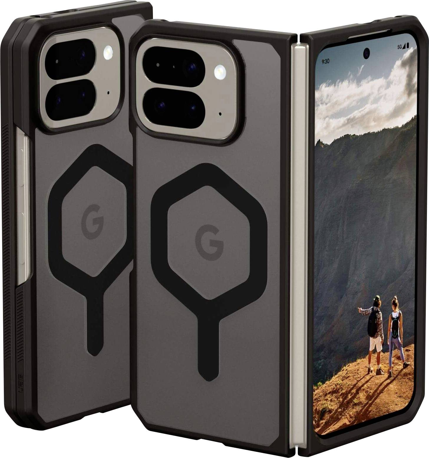 Zusammenklappbares Smartphone, das ein Landschaftsfoto auf dem Bildschirm zeigt; auf der Gegenseite befindet sich ein 