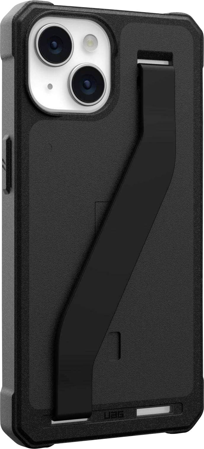 Eine schwarze Smartphone-Hülle mit Aussparungen für eine Dual-Rückkamera und einem integrierten Ständer für eine freihändige Betrachtung.