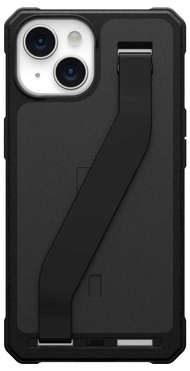 Eine schwarze, robuste Handyhülle für ein iPhone mit integriertem Ständer, ausgestattet mit doppelten Kameraausschnitten und einem verstärkten Griffstreifen über die Rückseite.