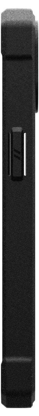 Seitenansicht eines schlanken, rechteckigen schwarzen Objekts, möglicherweise ein elektronisches Gerät, mit einem sichtbaren Knopf an seiner Seite.