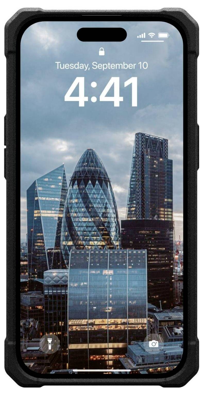 Smartphone, der einen Sperrbildschirm mit der Uhrzeit '4:41' und dem Datum 'Dienstag, 10. September' zeigt, mit einer Skyline moderner Wolkenkratzer.
