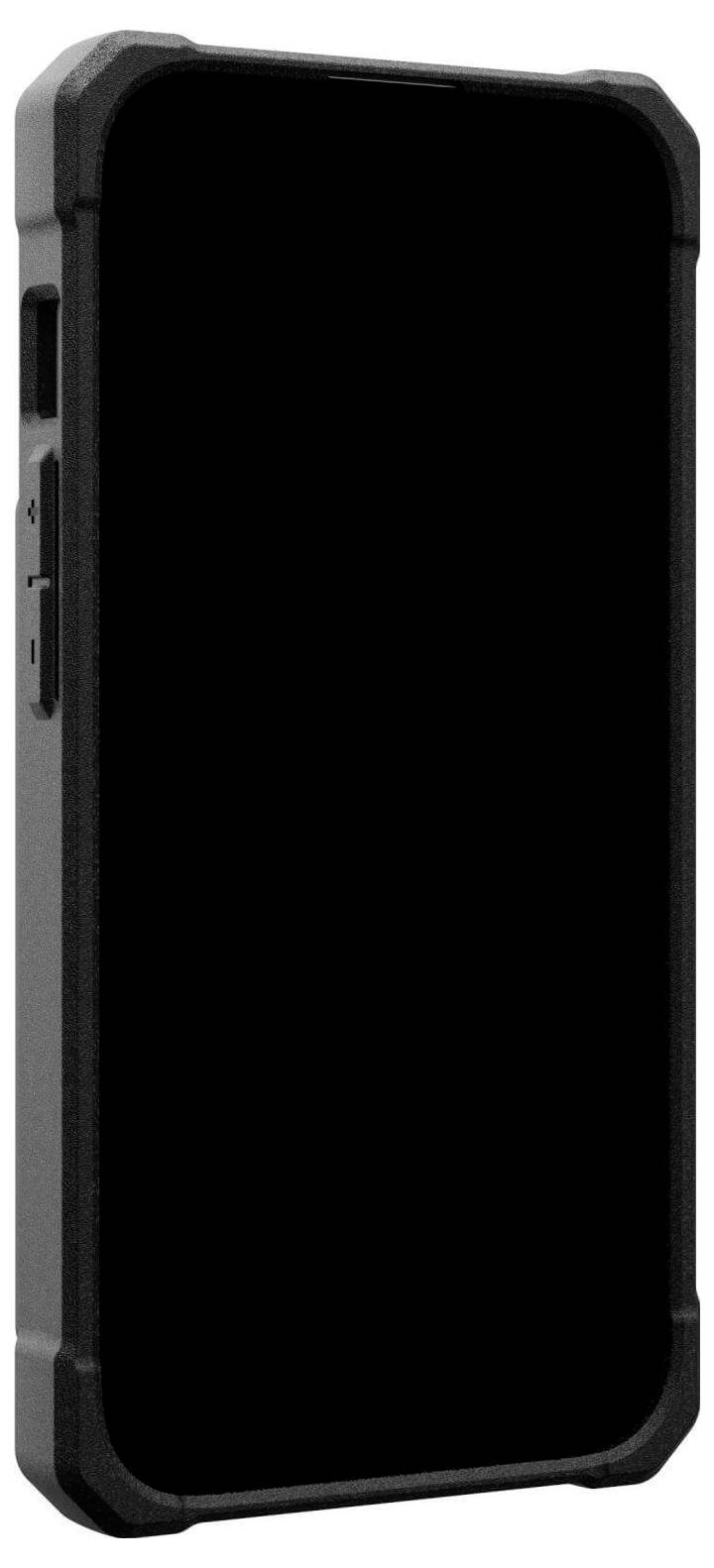 Ein schwarzes rechteckiges Smartphone mit einem dicken Schutzgehäuse, von der Seite gezeigt, mit sichtbaren Tasten an der Seite.