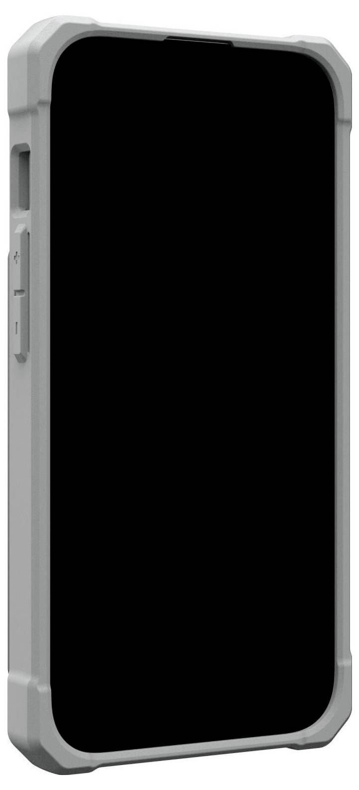 Ein Smartphone mit einem grauen Schutzgehäuse, das einen leeren schwarzen Bildschirm aufweist, wird aufrecht vor einem weißen Hintergrund gezeigt.