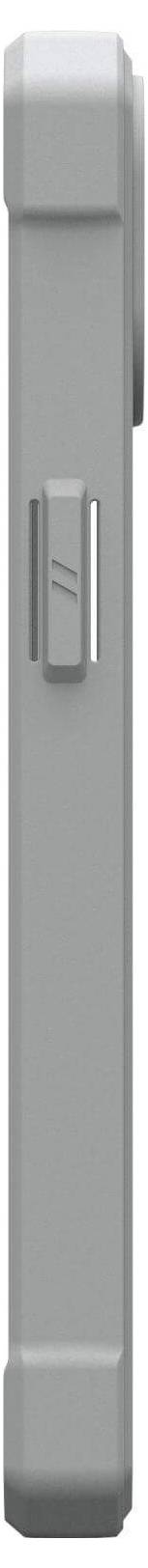 Ein grauer rechteckiger Gegenstand, der von der Seite betrachtet wird, mit einem hervorstehenden Knopf oder Schalter in der Mitte.