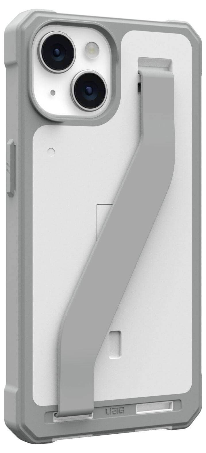 Ein Smartphone in einem Schutzgehäuse mit einem großen, grauen, diagonalen Ständer auf der Rückseite, der zwei Kameraobjektive in der oberen Ecke aufweist.