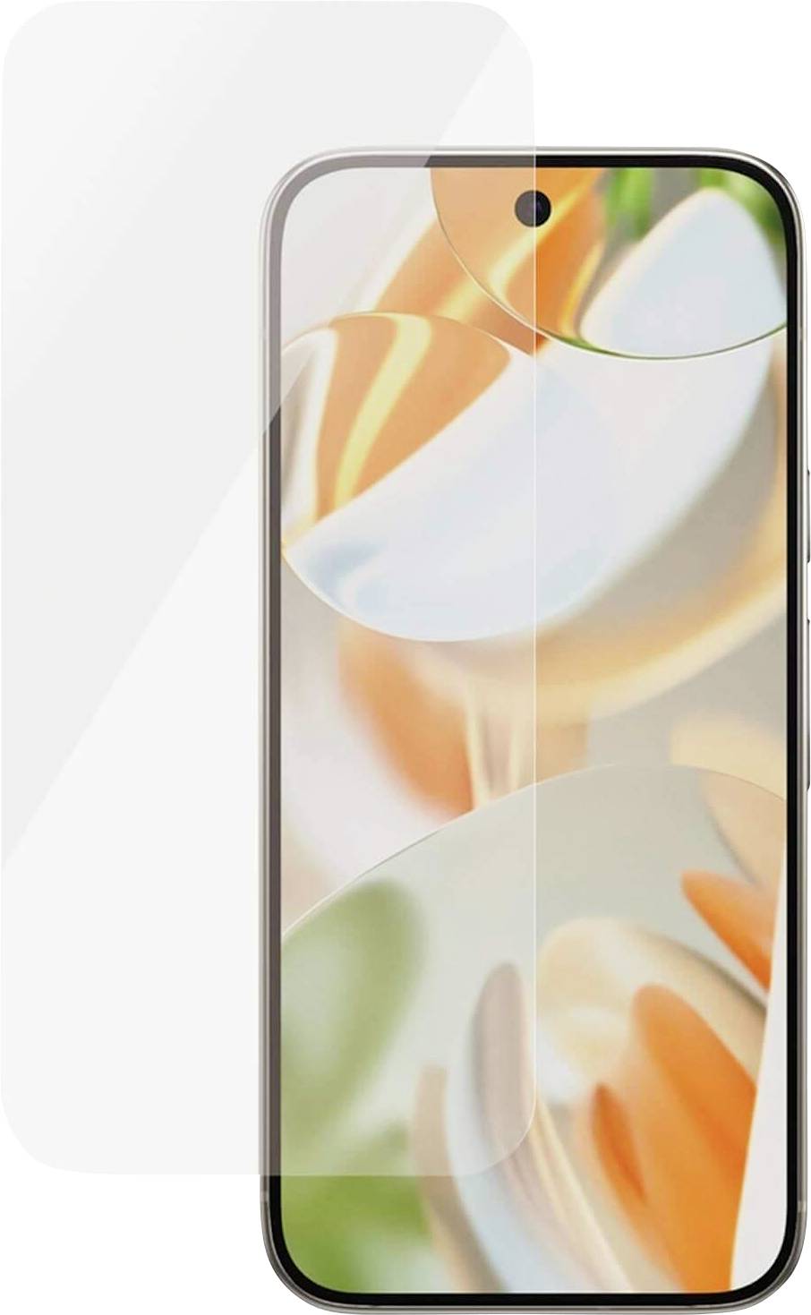 Smartphone mit einem farbenfrohen abstrakten Hintergrund, der Orange-, Weiß- und Grüntöne zeigt, geschützt von einer transparenten Displayschutzfolie.