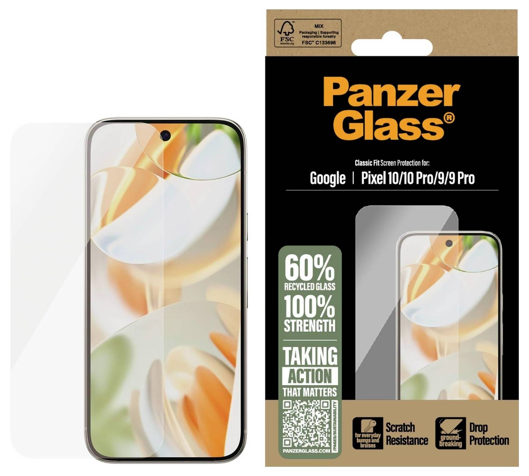 Ein Displayschutz neben seiner Verpackung. Auf der Verpackung steht 