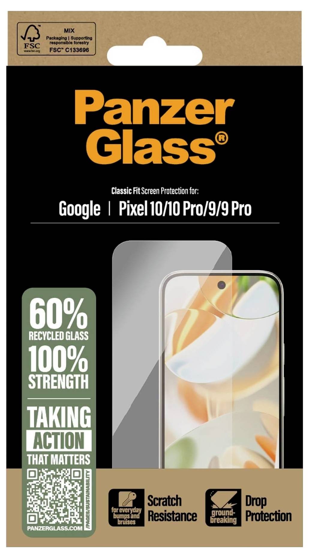 Panzer Glass Displayschutz für Google Pixel 10/10 Pro/9/9 Pro. Behauptet 60% recyceltes Glas, 100% Stärke. Bietet Kratzer- und Stoßfestigkeit.