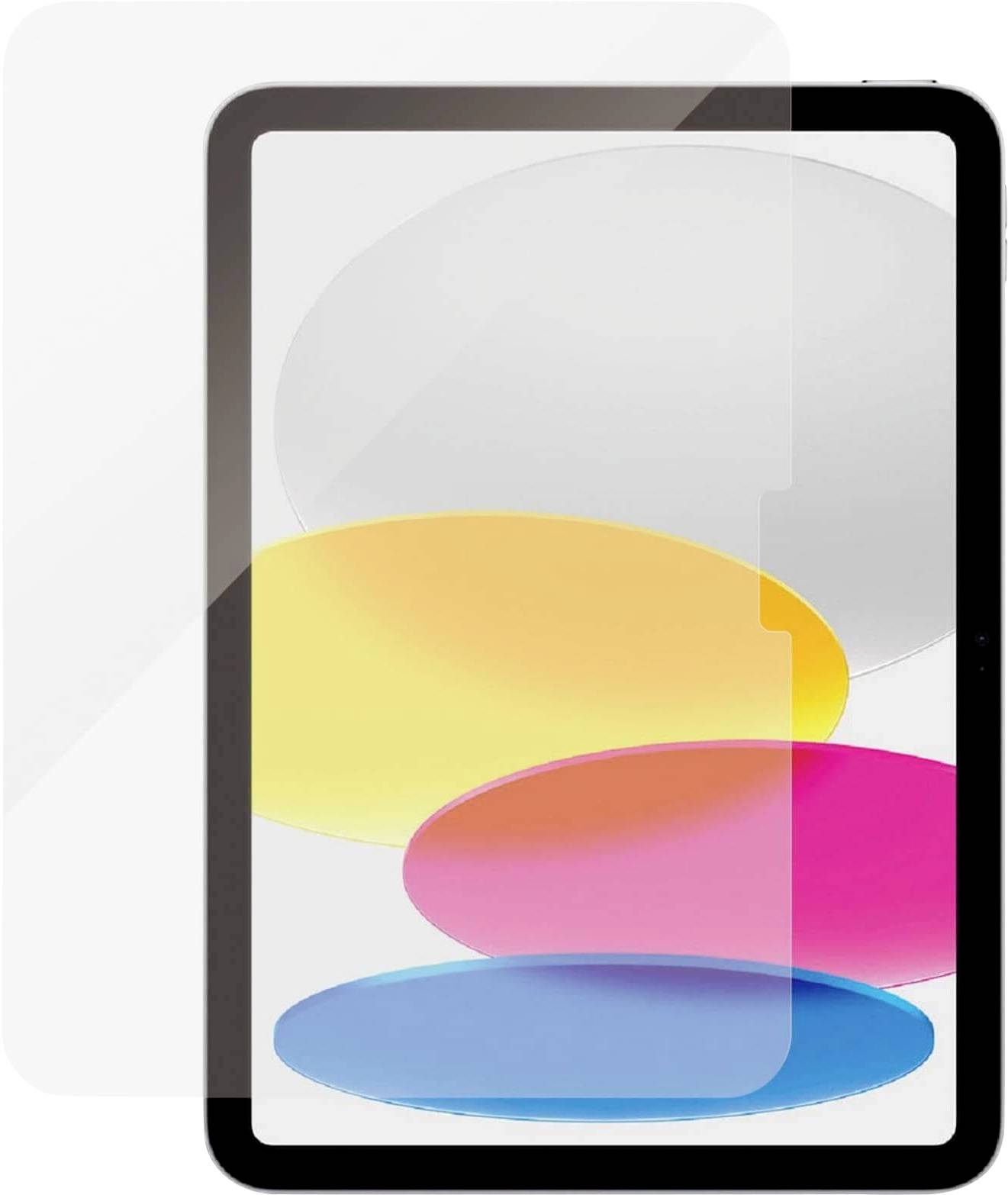 Eine Displayschutzfolie wird über ein Tablet gelegt, das farbenfrohe, sich überschneidende Ovale in Gelb-, Orange-, Rosa- und Blautönen zeigt.