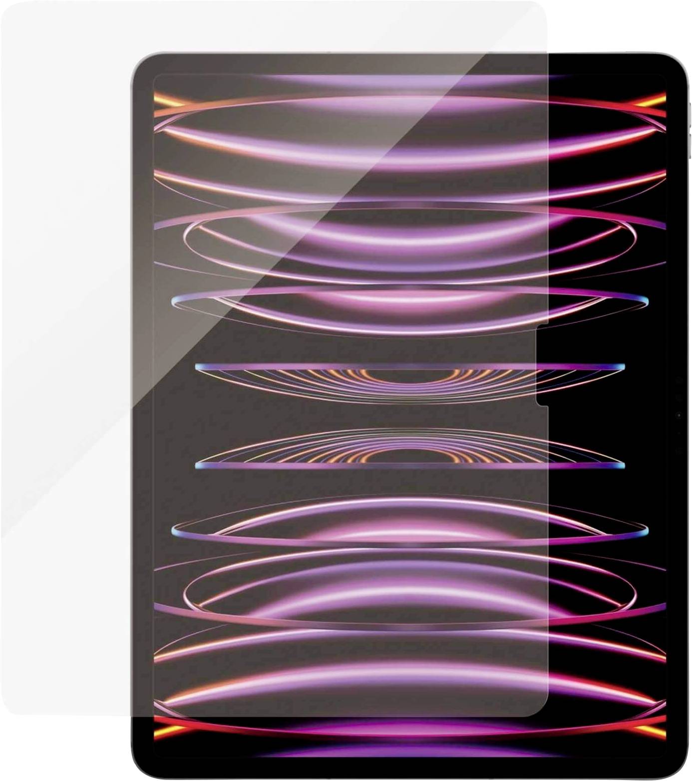Ein Tablet mit einem lebhaften, abstrakten Lichtmuster auf dem Bildschirm, teilweise von einer transparenten Schutzfolie bedeckt.