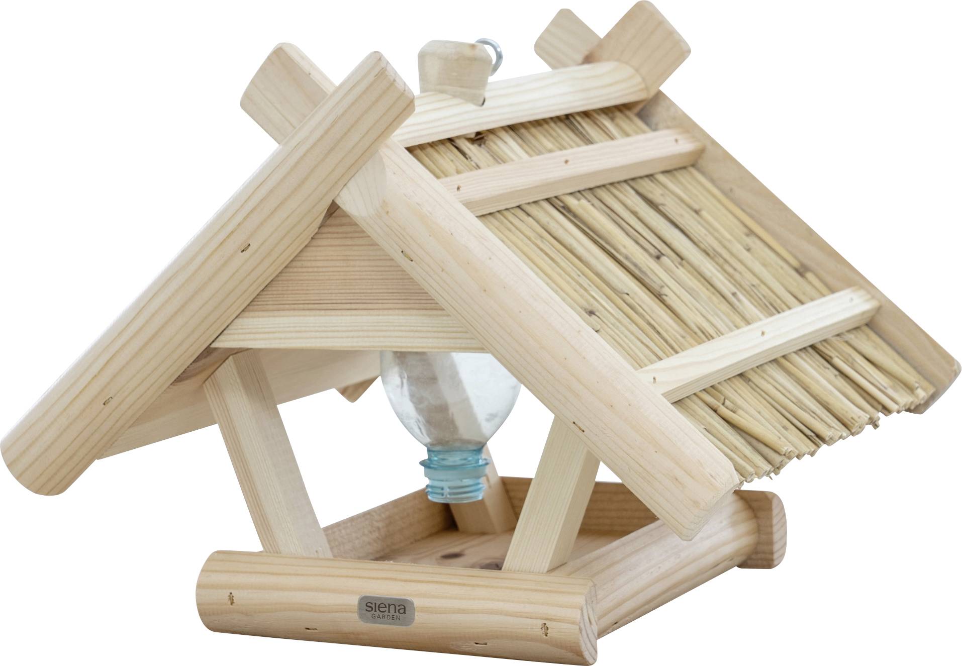 Holz-Vogelfutterhaus mit Strohdach und Wasserspender, für den Außenbereich konzipiert.