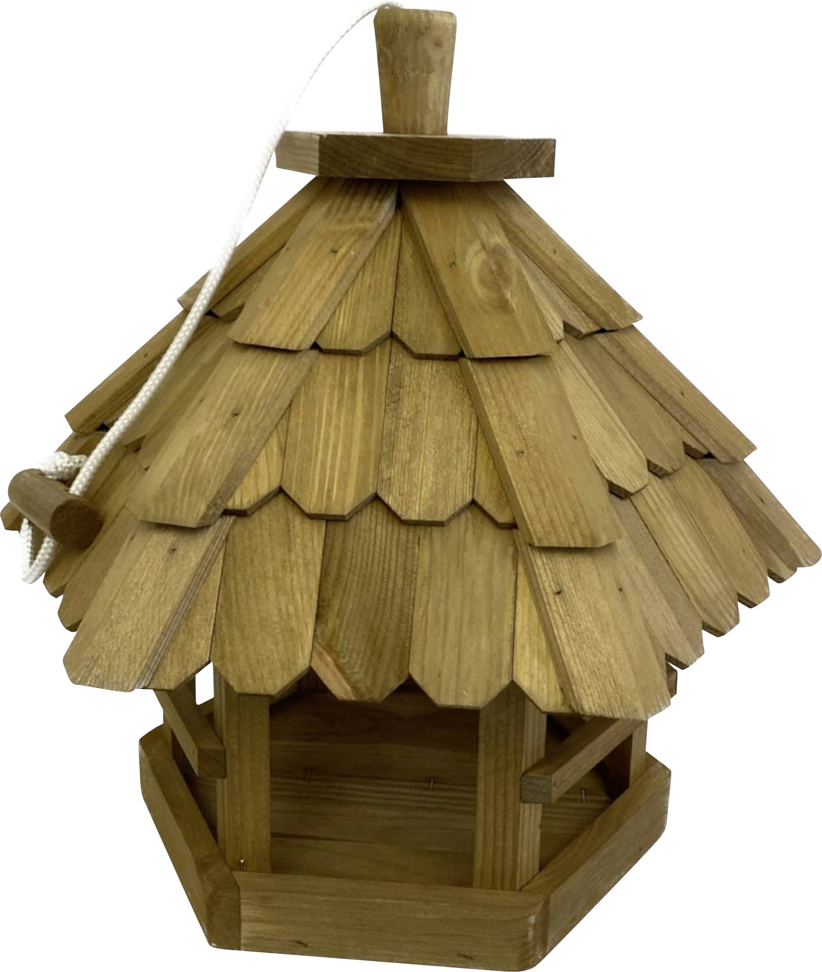 Holz-Vogelhaus mit sechseckiger Grundfläche, geschindeltem Dach und einem Hängeseil oben. Geeignet für Vögel zum Sitzen und Nisten.
