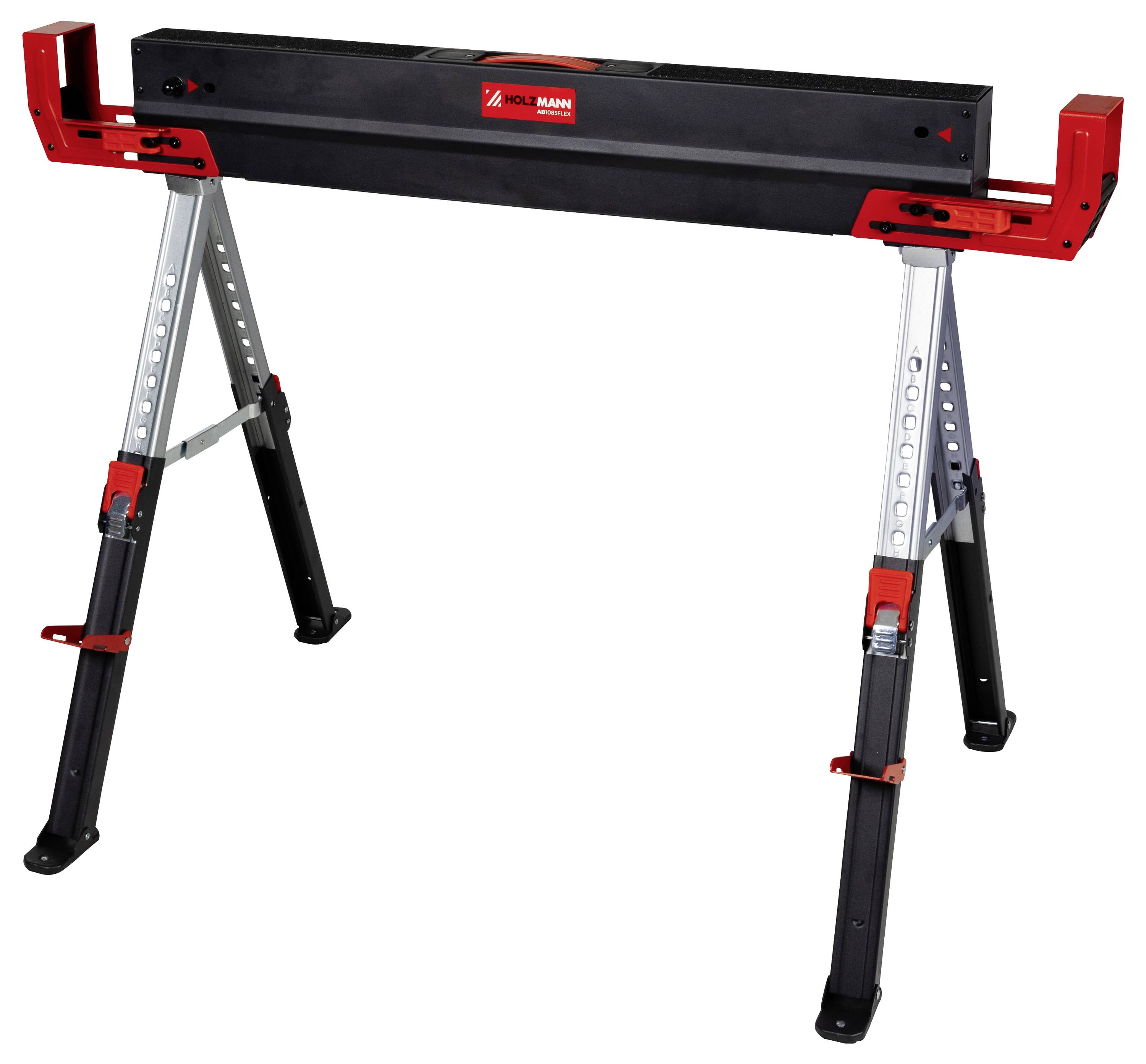 Ein faltbarer Sägebock mit roten Akzenten, ausgestattet mit verstellbaren Metallbeinen zur Höhenregulierung, konzipiert zum Abstützen von Werkstücken während Bauarbeiten.
