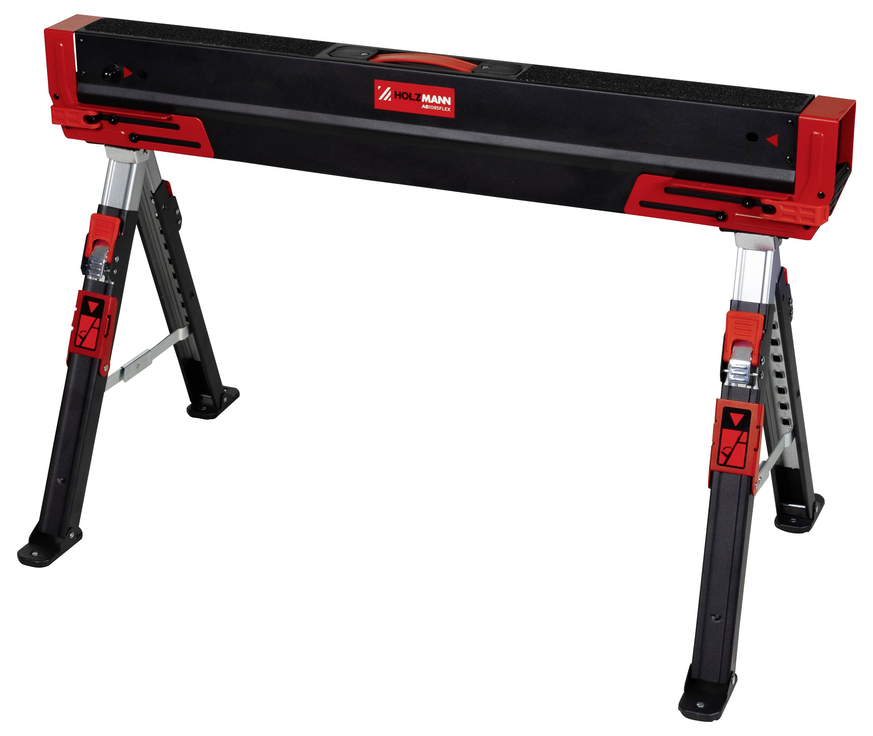 Ein zusammenklappbarer Sägebock mit verstellbaren Beinen, in schwarz-roter Designausführung, der stabile Unterstützung durch Scharnierverriegelungen für Bauarbeiten oder DIY-Projekte bietet.