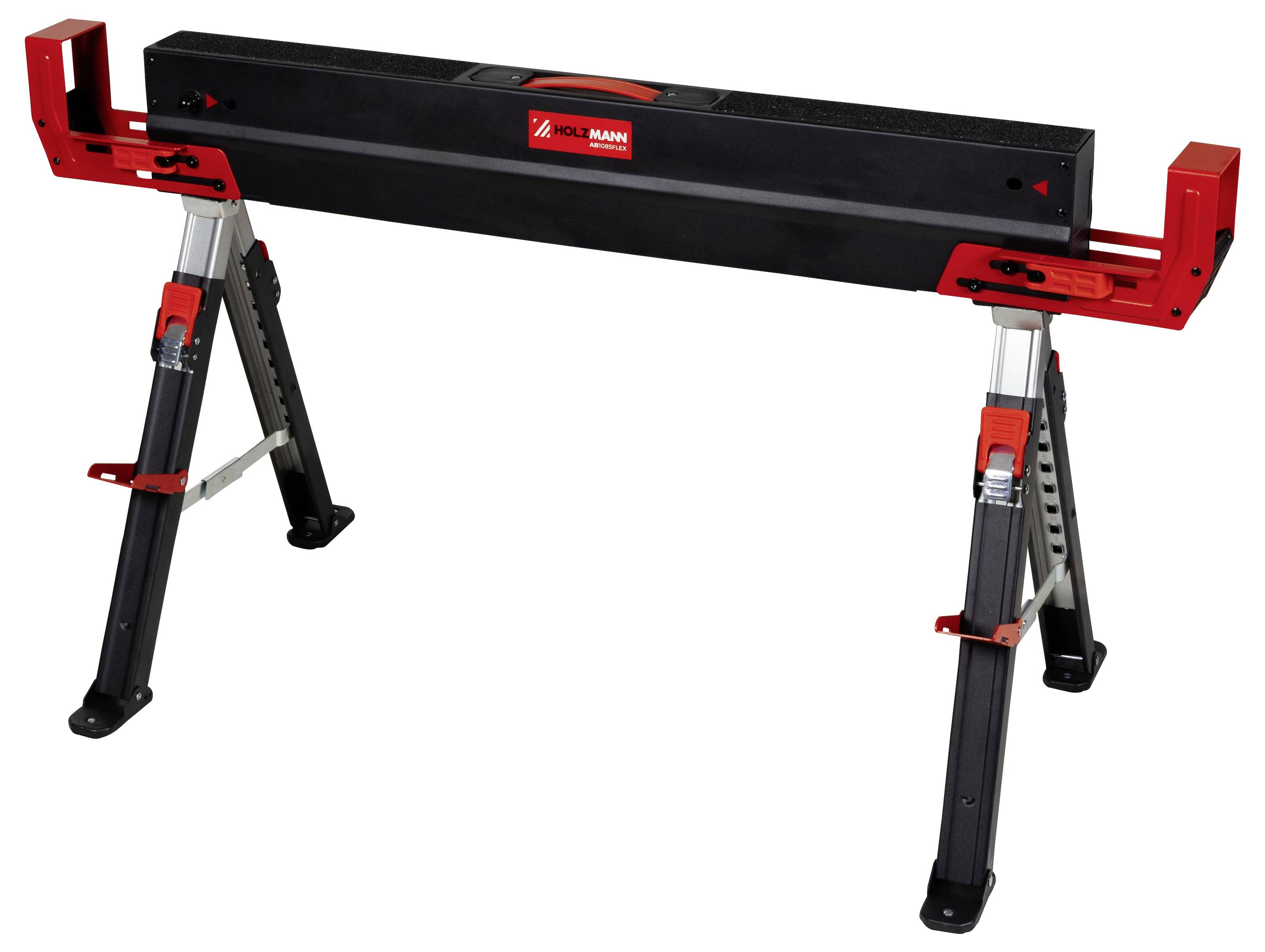 Ein rot-schwarzer, teleskopischer, tragbarer Sägebock mit verstellbaren Beinen und zusammenklappbarer Konstruktion, geeignet für die Unterstützung von Materialien bei Bau- oder Heimwerker-Projekten.