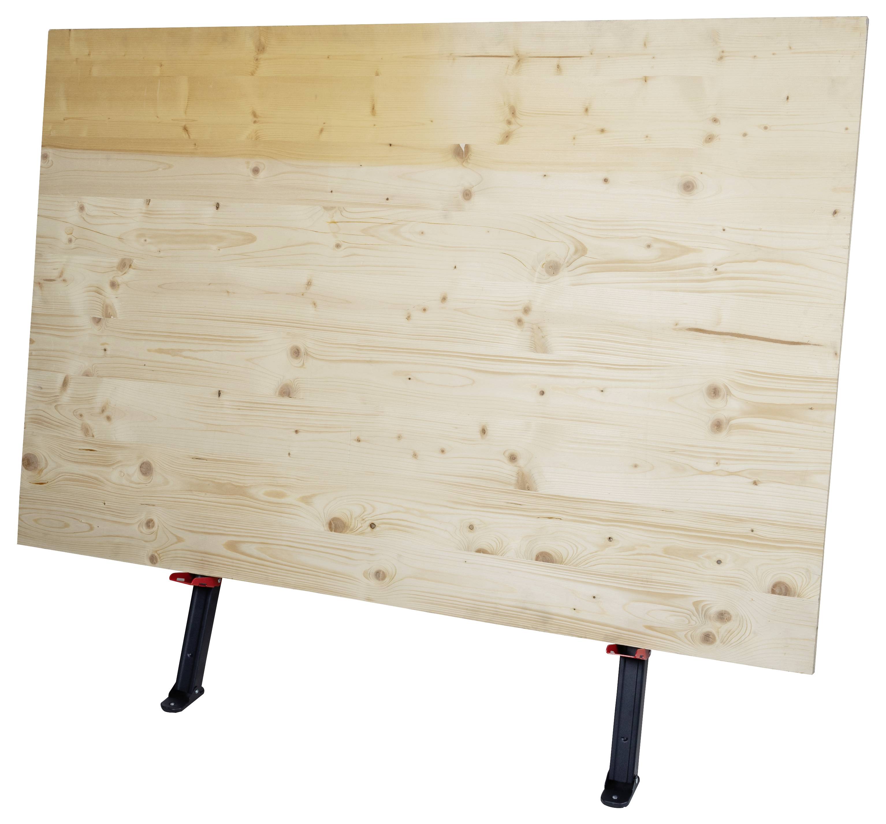 Eine Holztischplatte mit sichtbaren Maserungsmustern wird von schwarzen verstellbaren Tischbeinen gestützt.