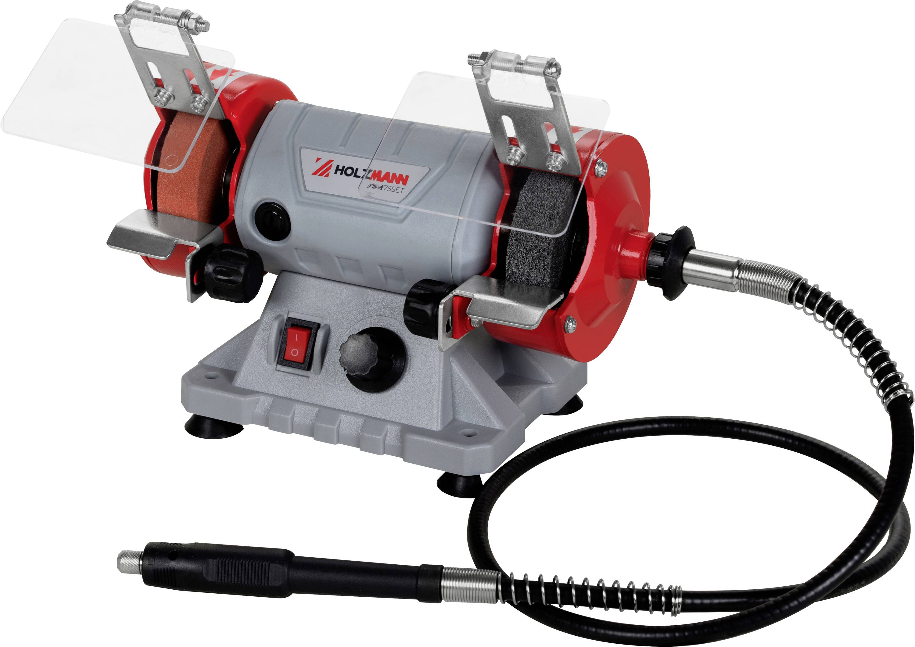 Eine Standschleifmaschine mit zwei Schleifscheiben, Sicherheitsschutzabdeckungen und einer flexiblen Welle für Detailarbeiten, entwickelt zum Schärfen und Formen von Werkzeugen.