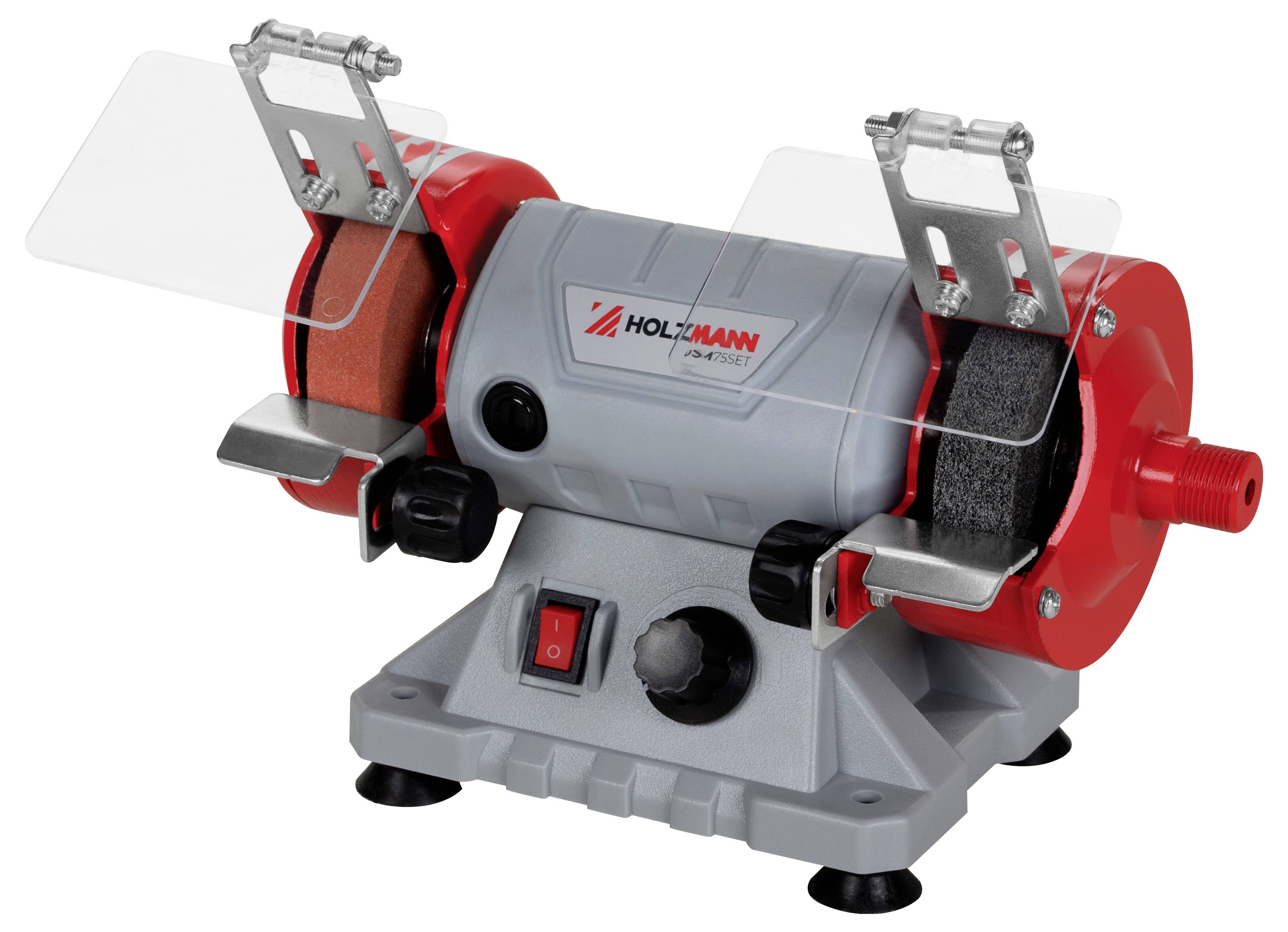 Eine rote und graue Bankschleifmaschine mit zwei Schleifscheiben, Schutzabdeckungen und einem Ein-/Ausschalter an der Basis, entwickelt zum Schärfen von Werkzeugen.