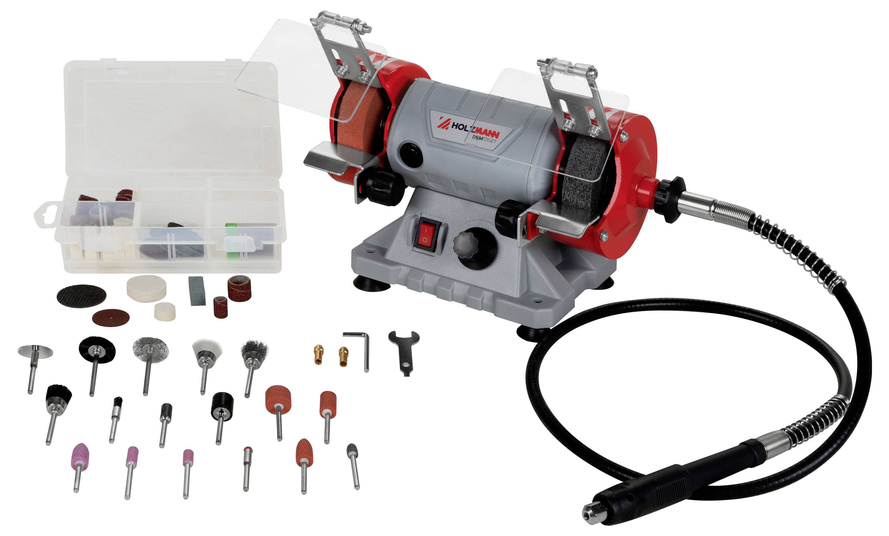 Ein rot-grauer Rotationswerkzeugsatz mit verschiedenen Aufsätzen wird neben einer Aufbewahrungsbox mit zusätzlichen Komponenten präsentiert.