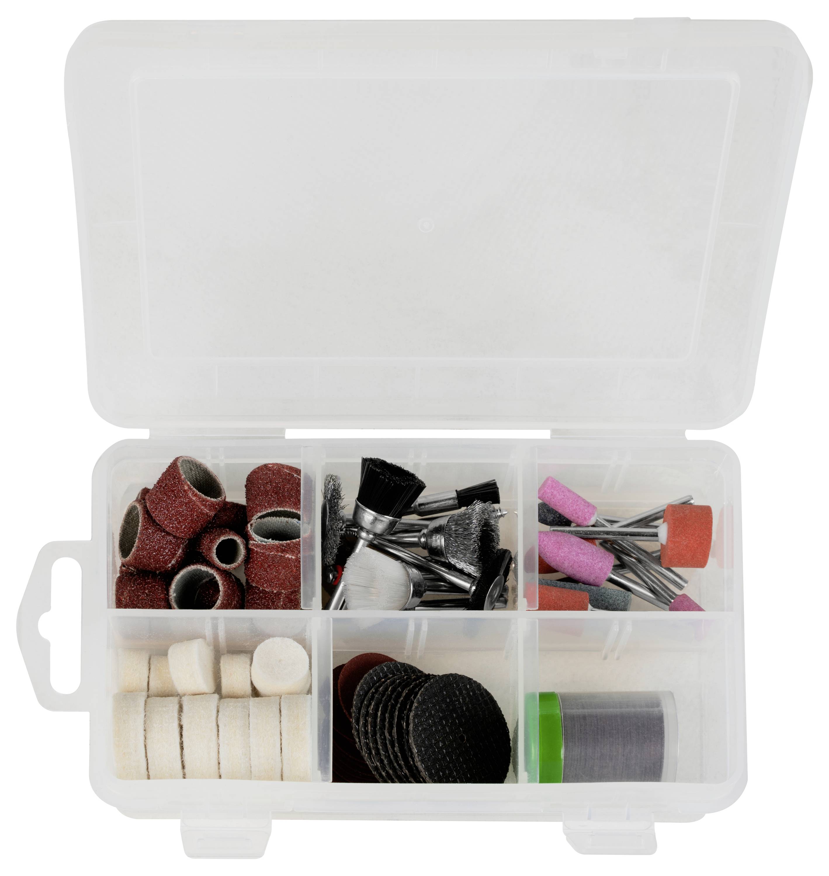 Kunststoffbox mit verschiedenen Bohrern und Schleifzubehör, die in separaten Fächern organisiert sind.