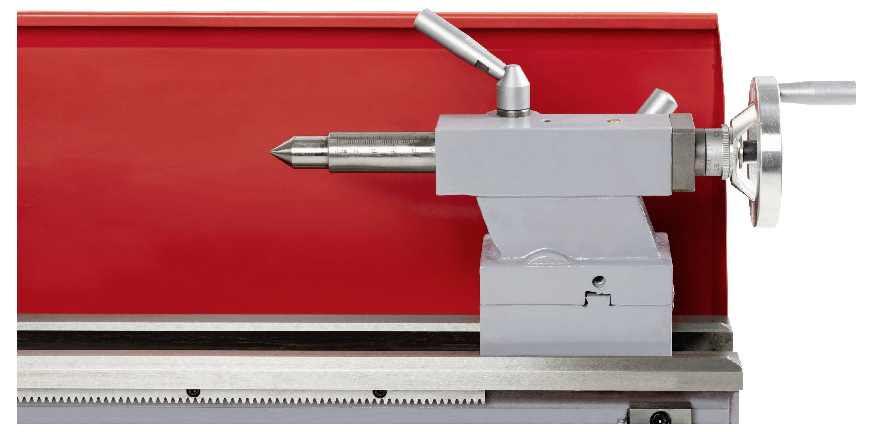 Metallwendelbank-Lünette mit rotem Hintergrund, ausgestattet mit einem Handrad und Hebelbedienungen, verwendet zum Halten von Werkstücken während der Bearbeitung.