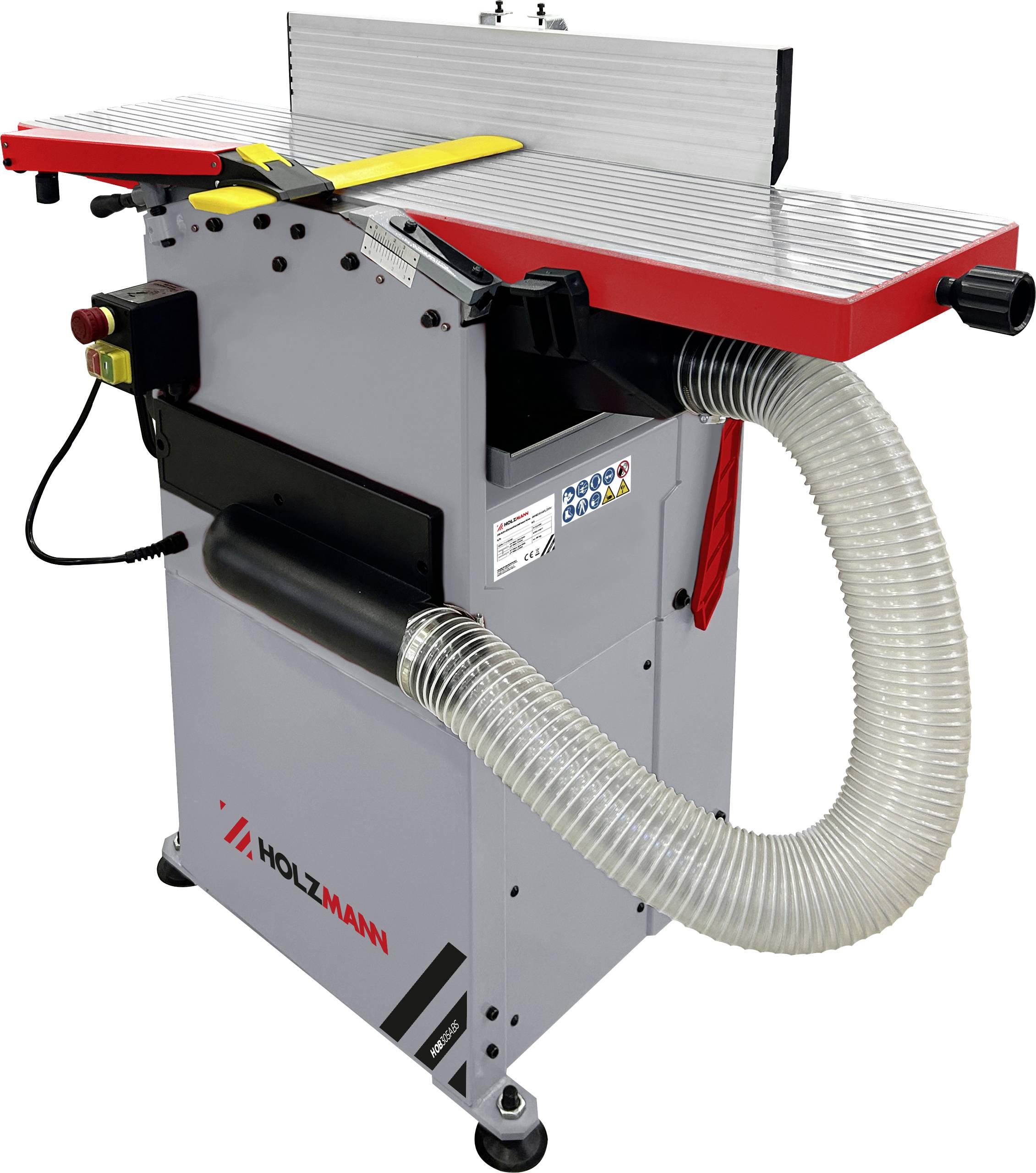 Eine Holzbearbeitungsmaschine mit roter Schutzvorrichtung, grauem Gehäuse und angeschlossenem Absaugschlauch, die zum Verbinden und Hobeln von Holzoberflächen verwendet wird.
