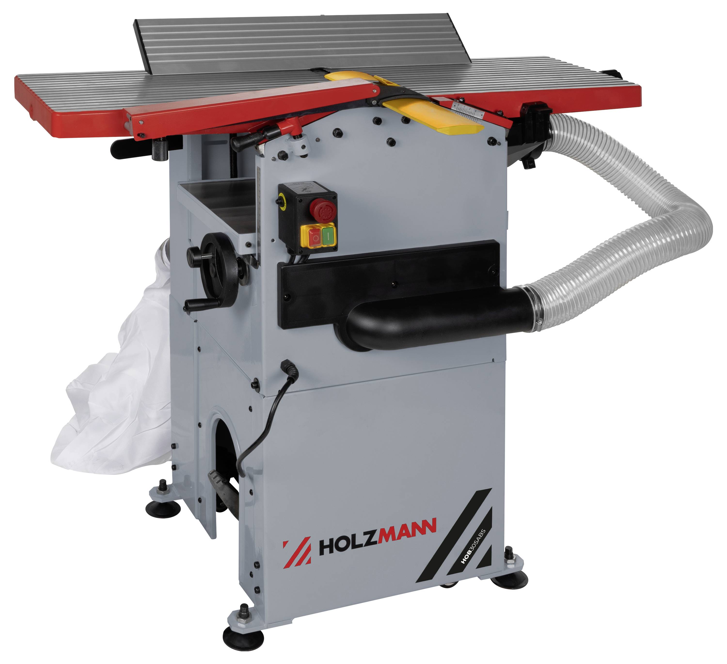 Eine Hobelmaschine mit rot-grauer Farbgestaltung, die mit 'Holzmann' beschriftet ist. Sie verfügt über ein Absaugsystem und Sicherheitsabdeckungen.