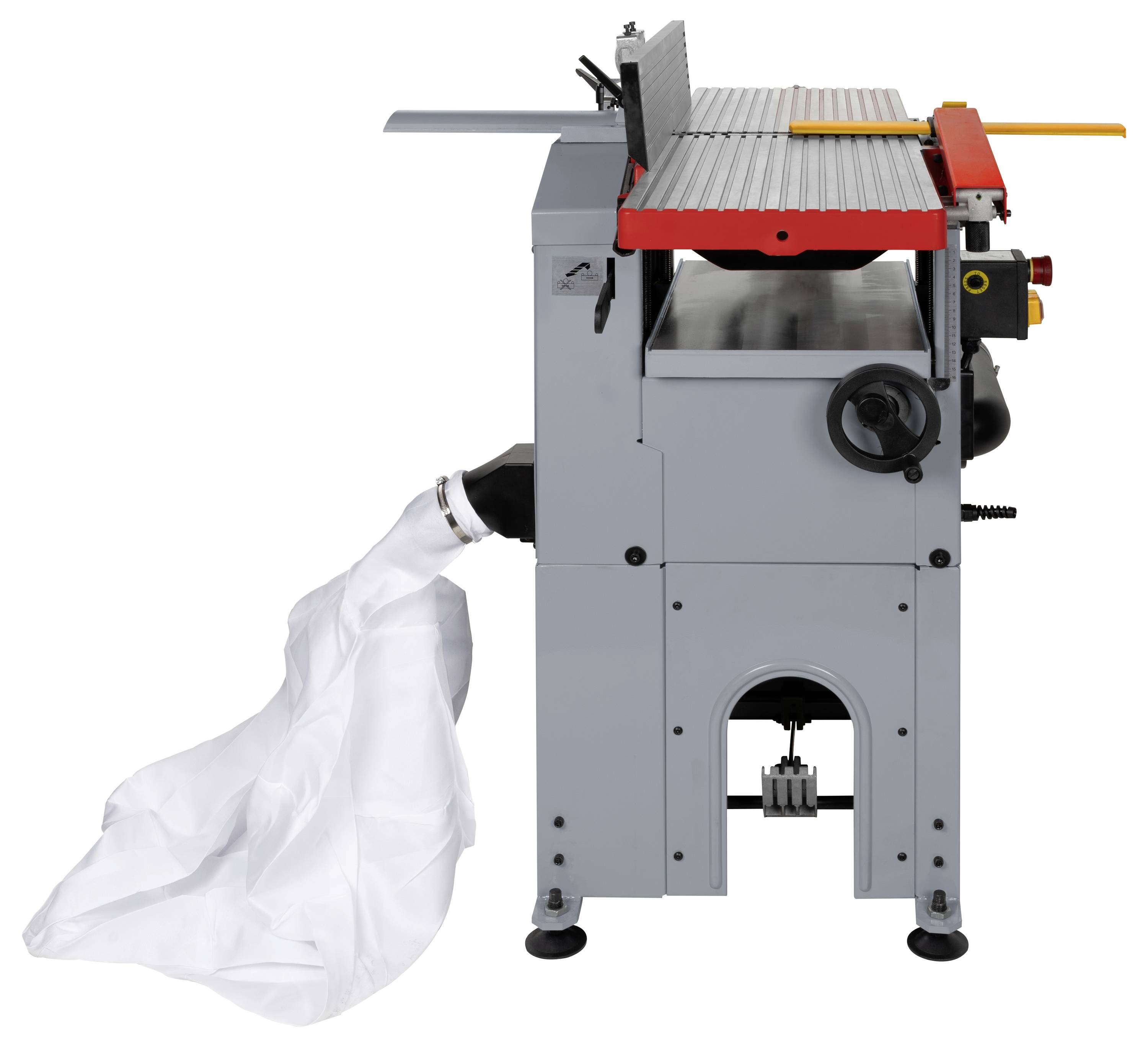 Eine graue industrielle Hobelmaschine mit rotem Deckel, angeschlossen an einen Staubbeutel, entwickelt zum Glätten und Formen von Holzoberflächen.