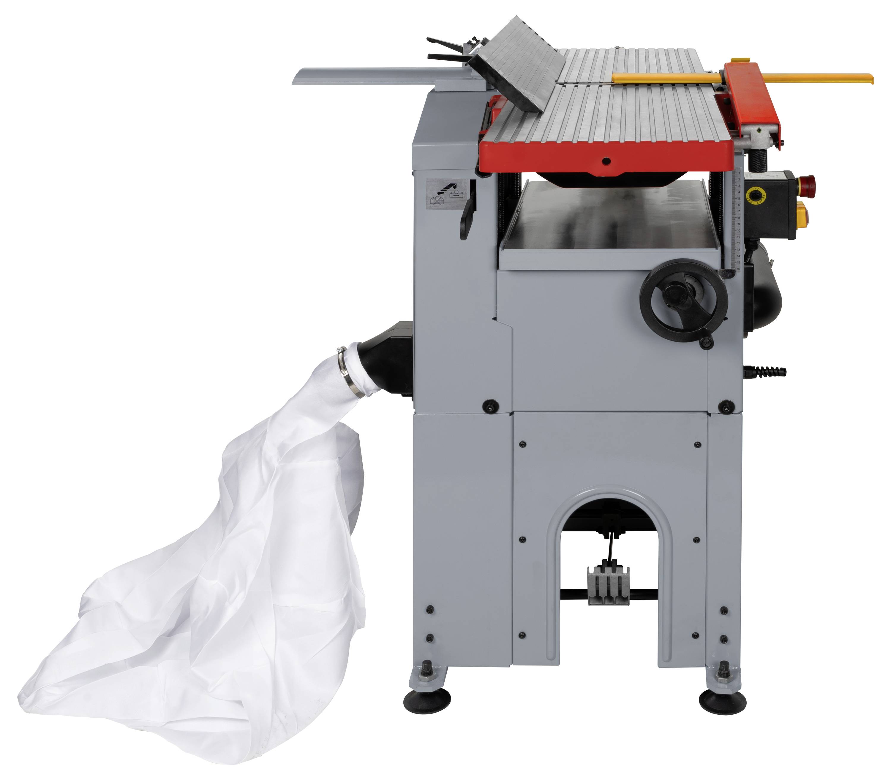 Eine Hobelmaschine mit roter Oberseite, gelber Führung und angebrachtem Staubbeutel, die zum Glätten und Verdünnen von Holzoberflächen verwendet wird.