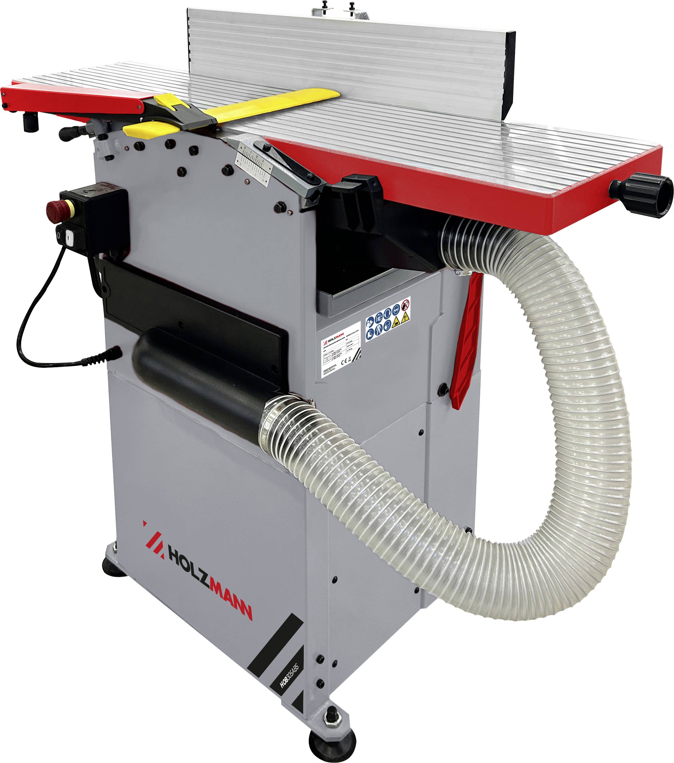 Eine Hobelmaschine mit rot-grauem Gehäuse, ausgestattet mit einem verstellbaren Schutzschild, einem Absaughilfe-Schlauch und einem Bedienfeld an der Seite.