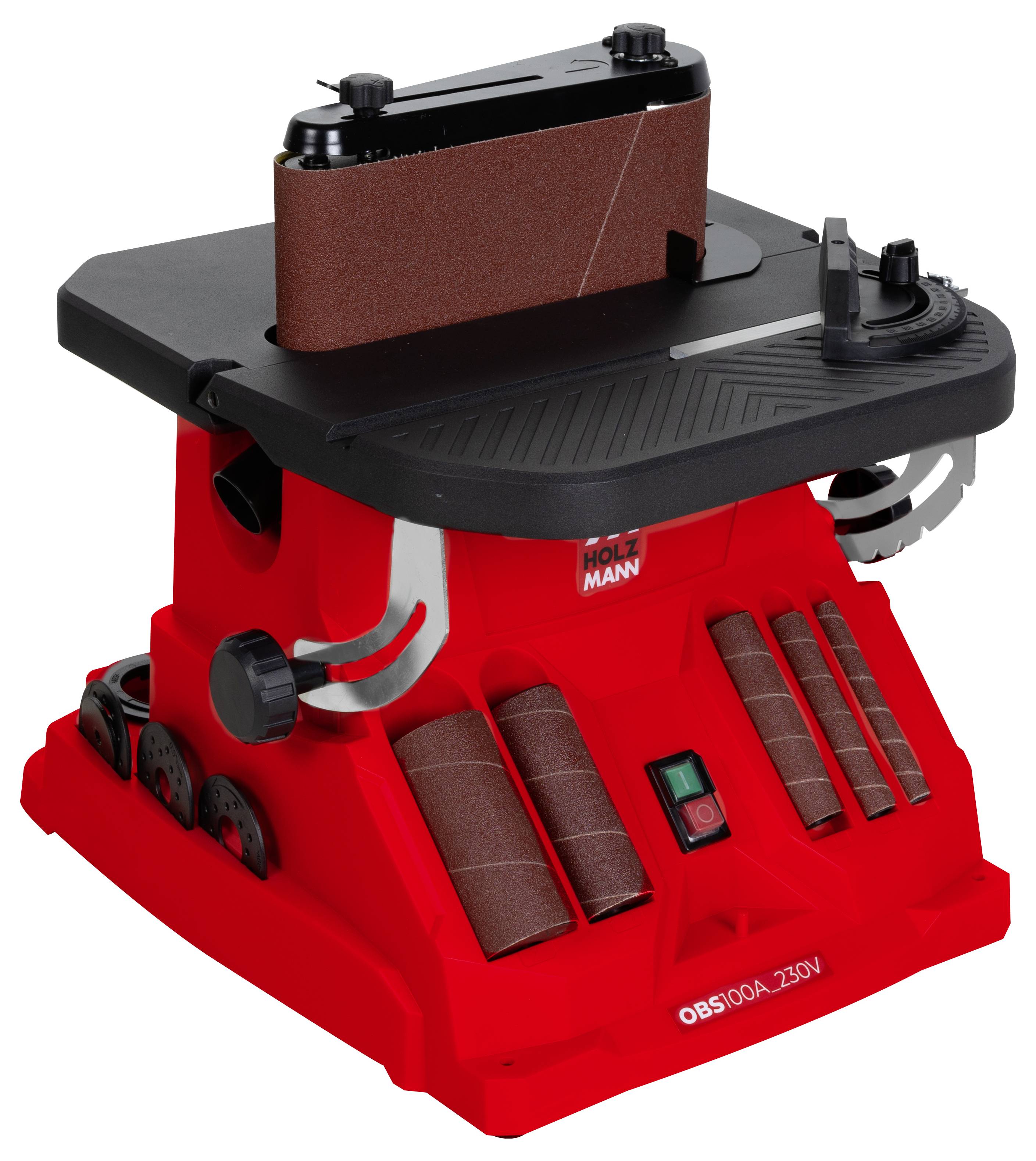 Eine rote Tischband- und Tellerschleifmaschine mit geneigtem Schleifband für Holzbearbeitung. Ausgestattet mit mehreren Schleiftrommel und Einstellknöpfen.