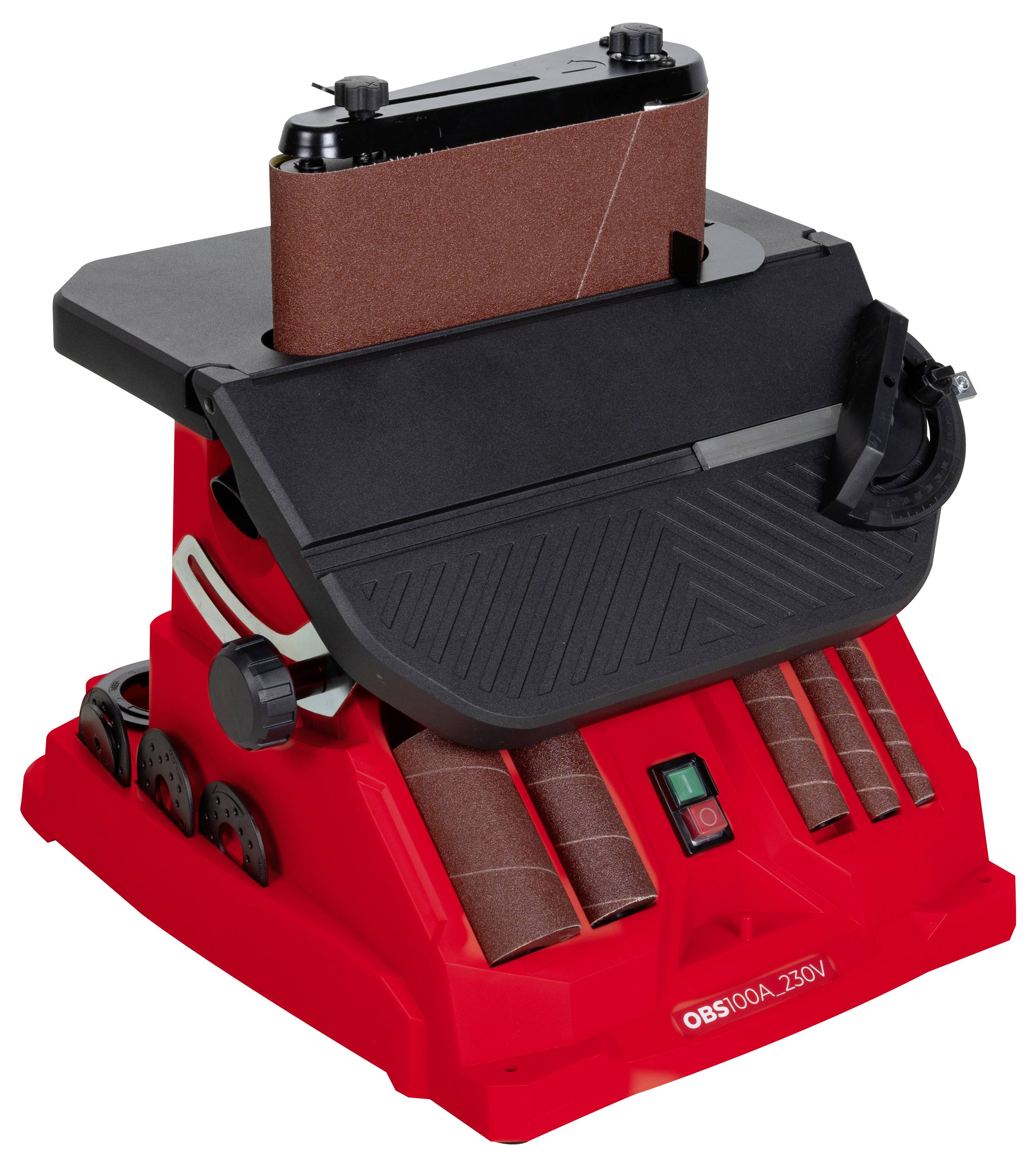 Eine rote und schwarze Bandschleif- und Tellerschleifmaschine mit Schleifpapierrollen, ausgestattet mit einem verstellbaren Winkel-Arbeitstisch und Hauptschalter.