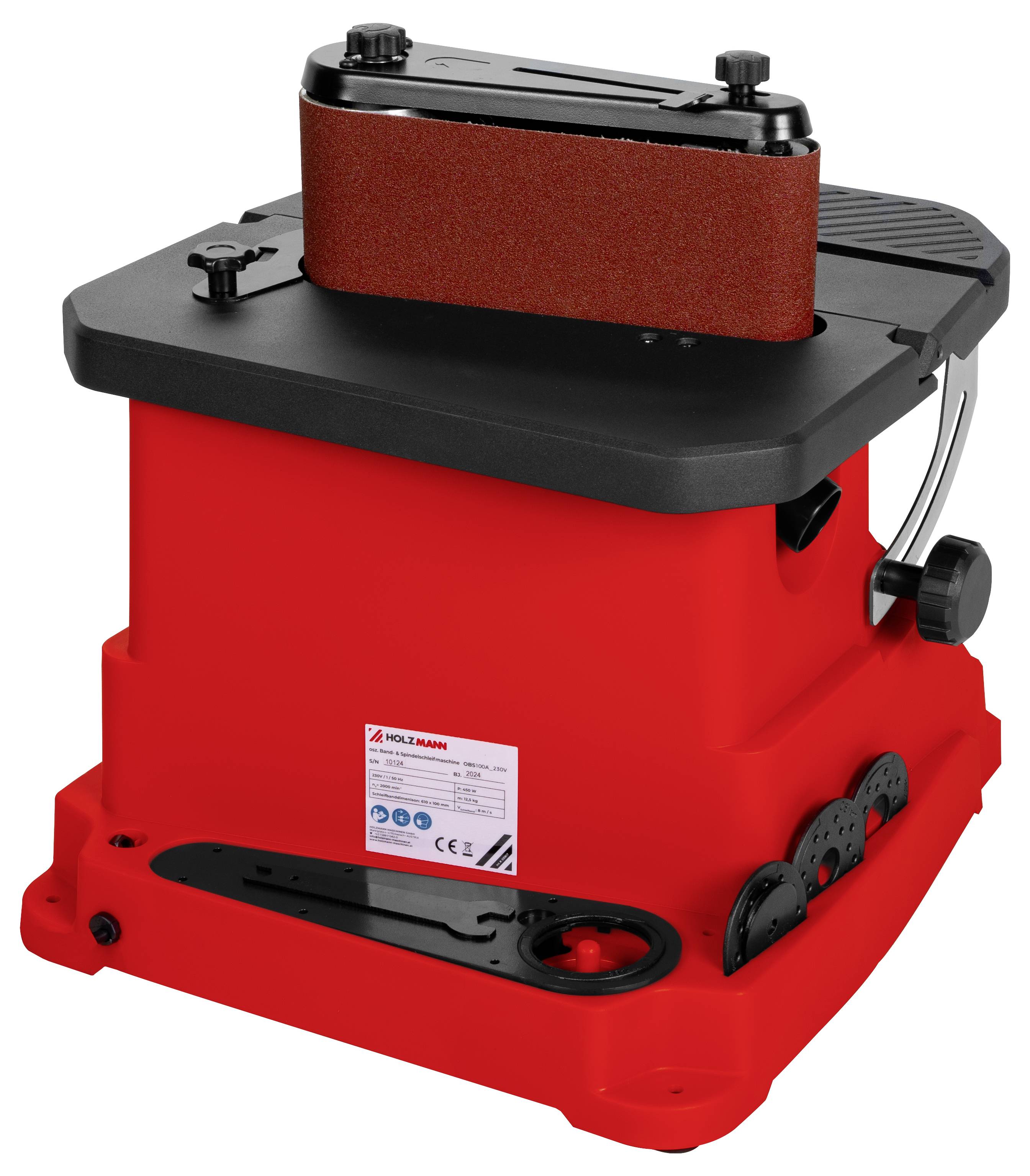 Eine kompakte rote Tischband-Schleifmaschine mit einem horizontalen Schleifband und Einstellknöpfen an den Seiten, verwendet zum Glätten von Oberflächen.