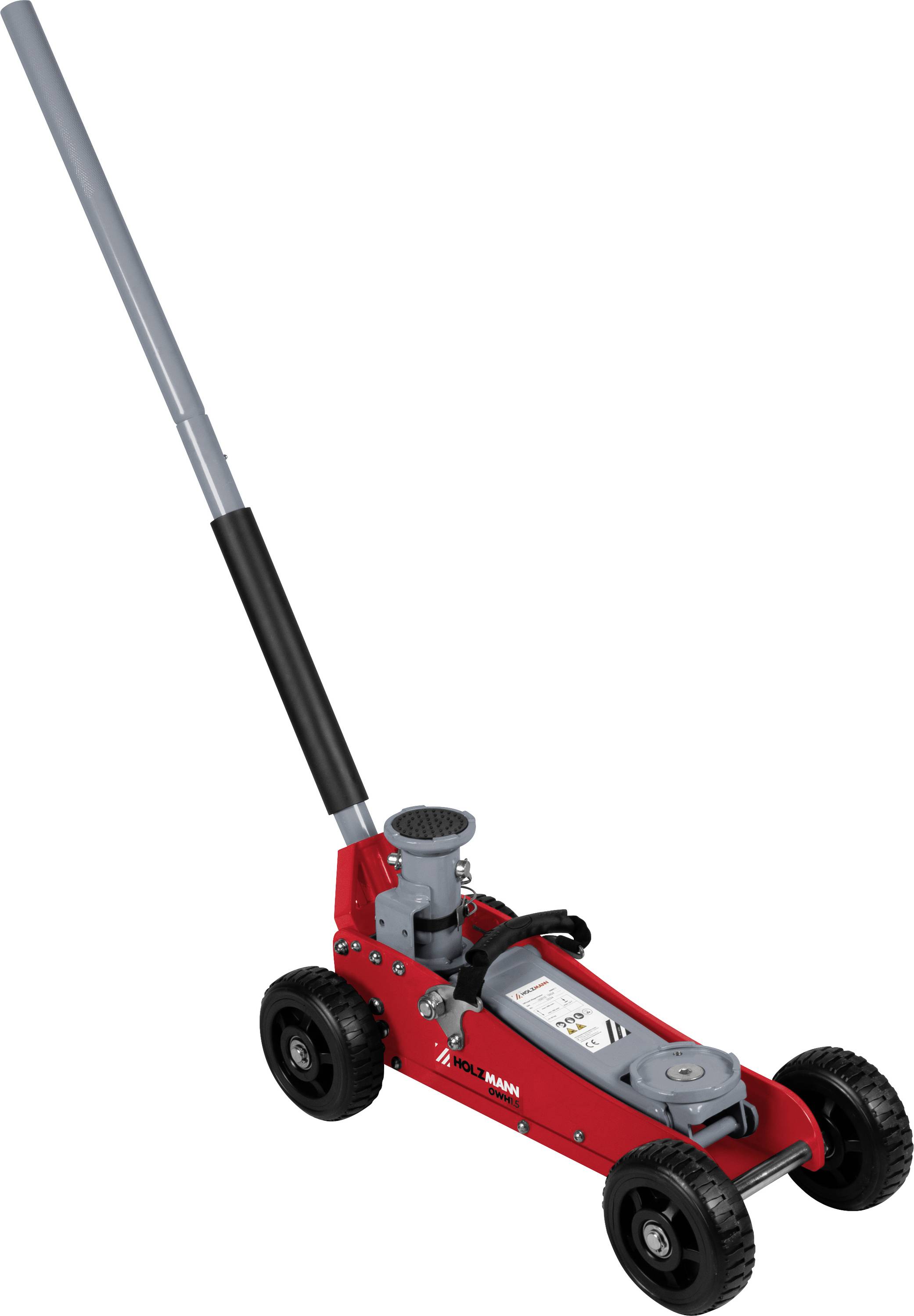 Ein roter hydraulischer Bodenwagenheber mit einem langen Griff und vier schwarzen Rädern, der für das Anheben von Fahrzeugen bei Autoreparaturen konzipiert ist.