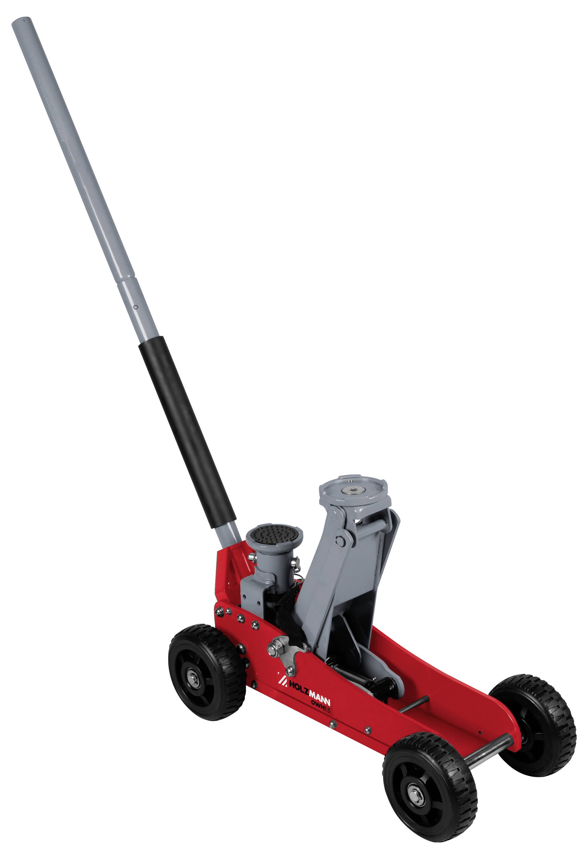 Ein roter hydraulischer Bodenheber mit langem Hebel, entwickelt zum Anheben von Fahrzeugen. Er verfügt über vier schwarze Räder und einen grauen Hebemechanismus.