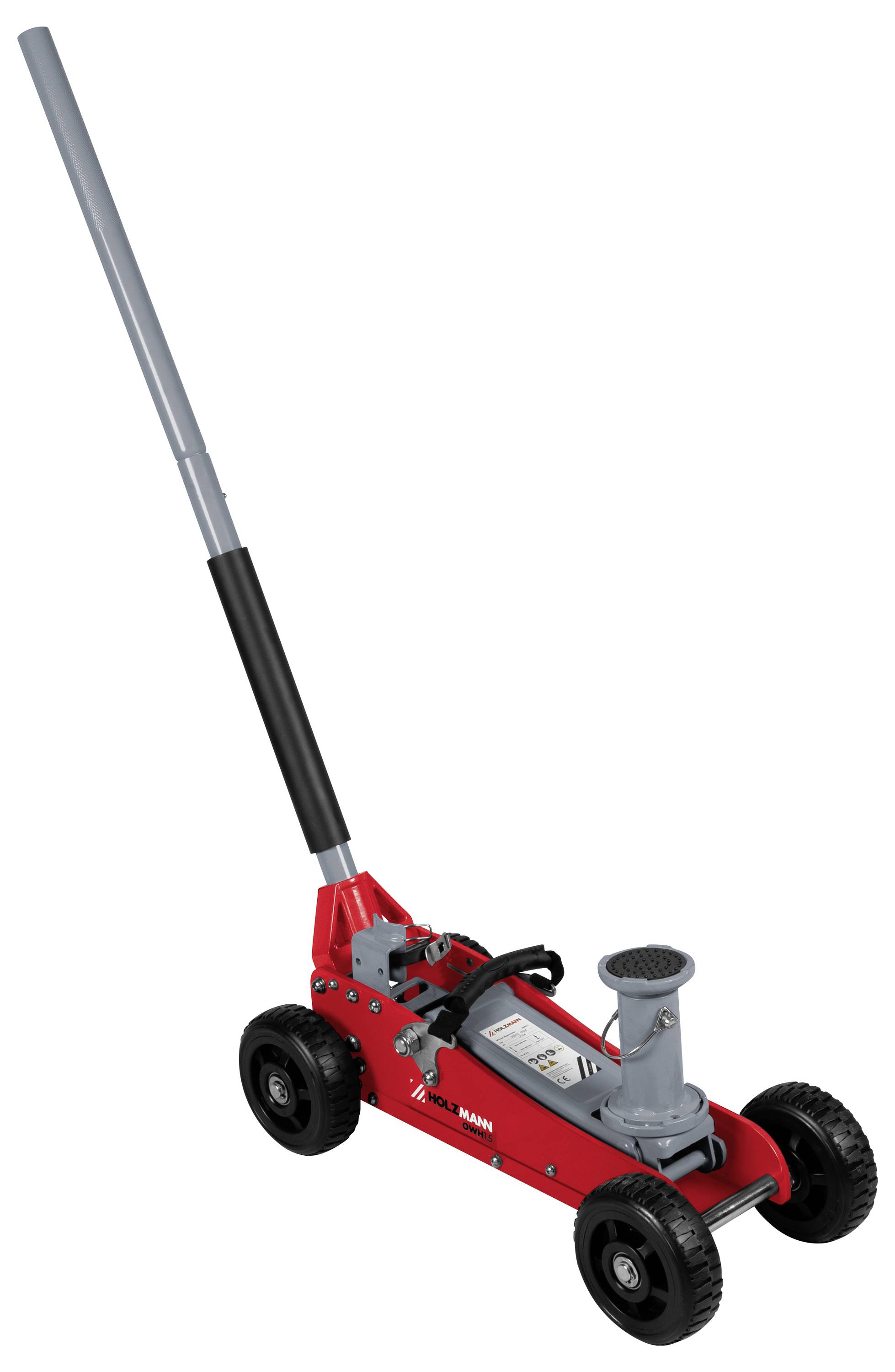Ein roter hydraulischer Bodenheber mit langem Griff, entwickelt zum Anheben von Fahrzeugen, ausgestattet mit stabilen Rädern und einer Hebeplattform.
