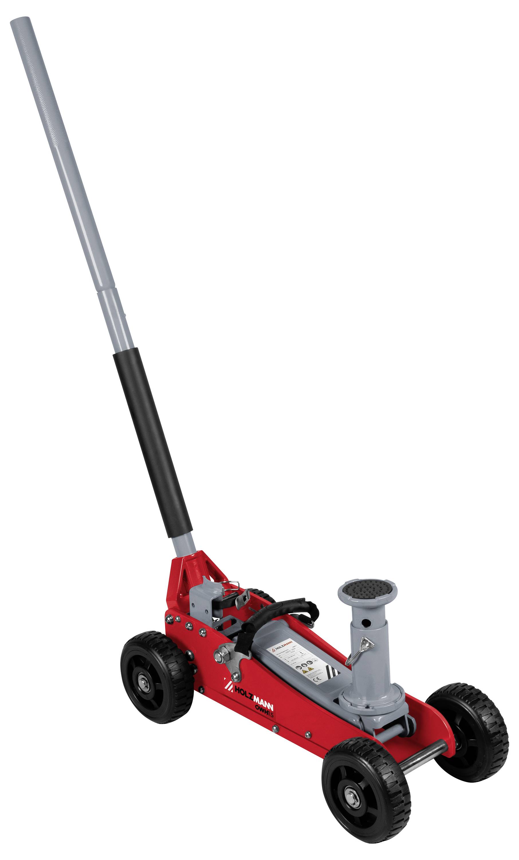 Ein roter hydraulischer Bodenheber mit langem Griff, schwarzen Rädern und einem grauen Hubarm. Verwendet zum Anheben von Fahrzeugen für Reparaturen oder Wartungsarbeiten.