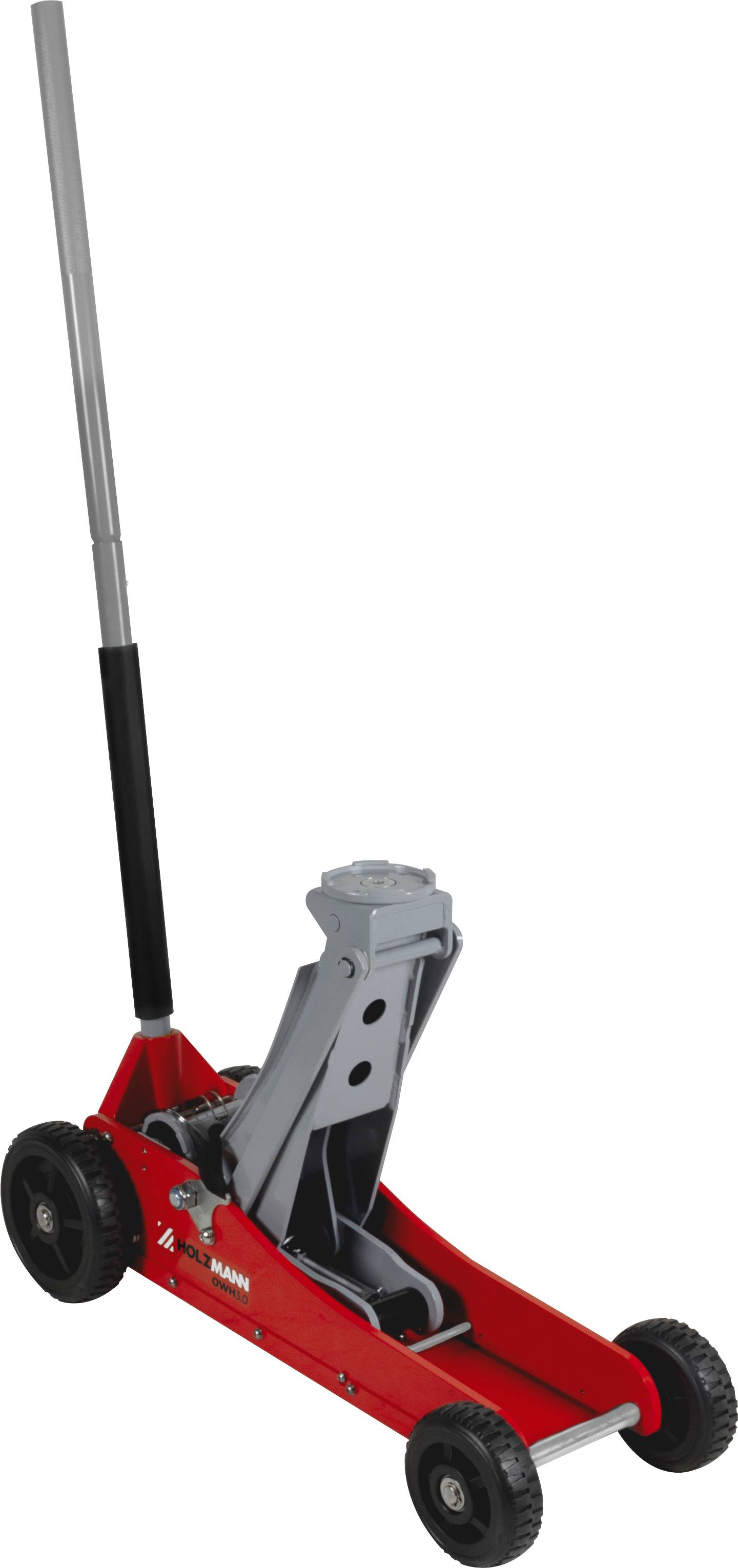 Roter hydraulischer Bodenheber mit langem Griff und schwarzen Rädern, entwickelt zum Anheben schwerer Fahrzeuge für Wartungs- oder Reparaturarbeiten.