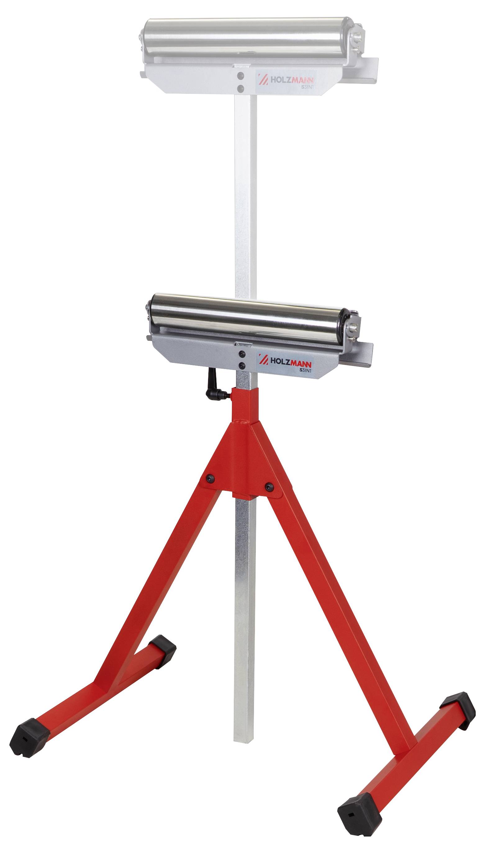 Ein roter Dreibeinständer stützt zwei übereinander angeordnete Metallrollen, die in Werkstätten oder auf Baustellen zur Materialhandhabung oder Unterstützung verwendet werden.