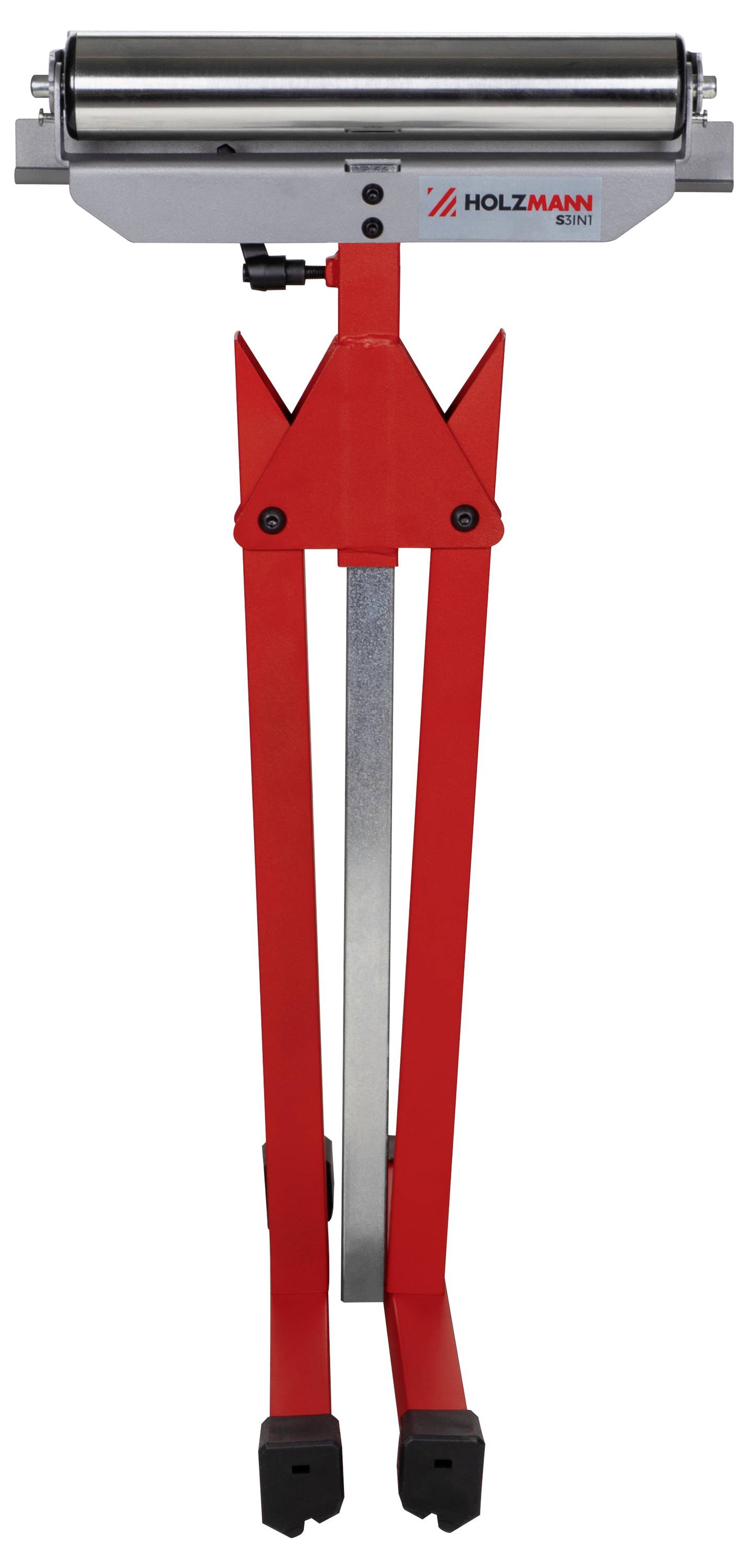Ein rot-grauer industrieller Rollenständer mit verstellbaren Beinen und 'Holzmann'-Branding, der zur Unterstützung von Materialien während des Schneidens verwendet wird.