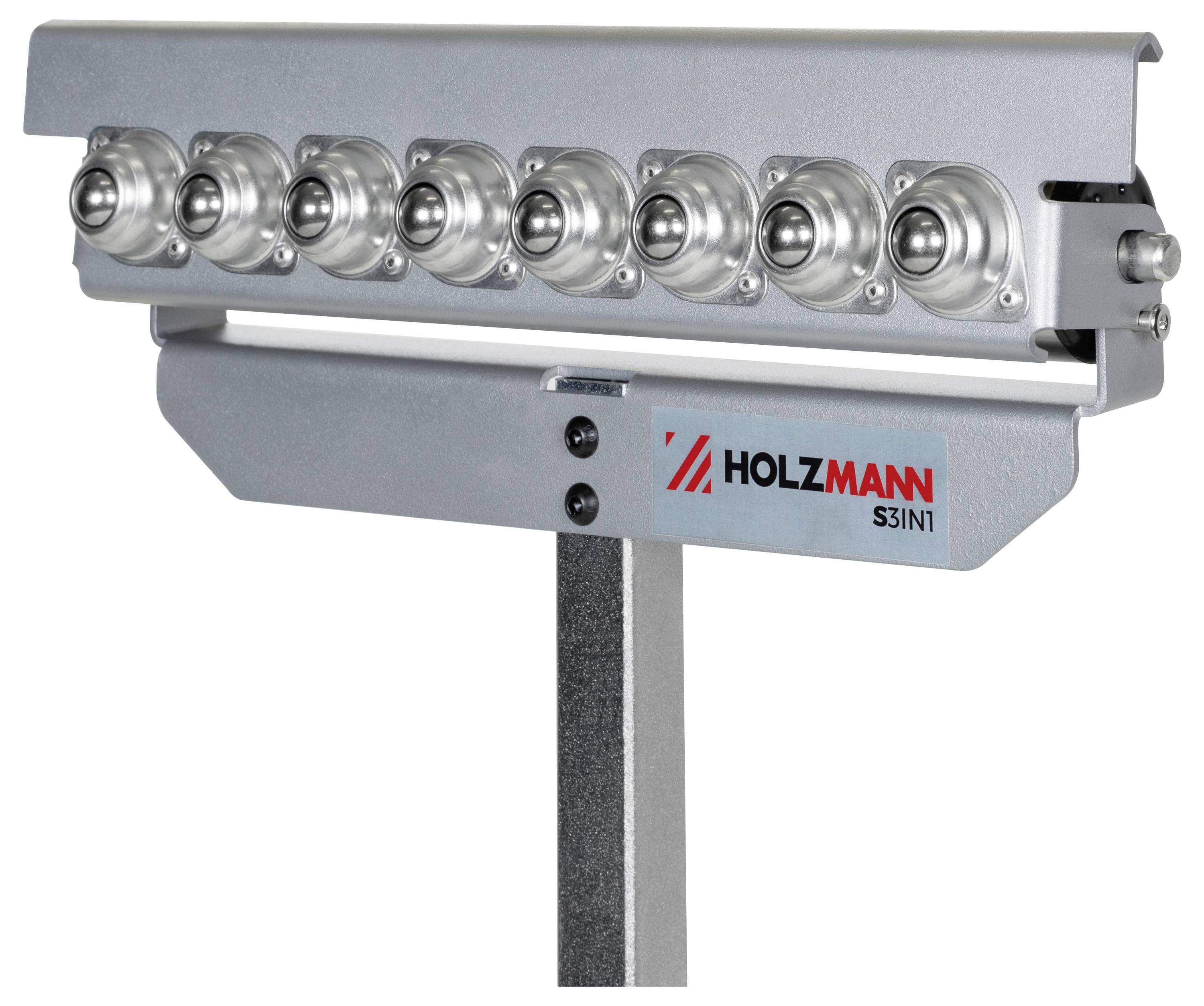 Ein Metallrollenstativ mit acht in einer Reihe angeordneten Rollen, beschriftet mit 'Holzmann S3IN1', das zur Unterstützung von Materialien während des Schneidens oder Formens verwendet wird.