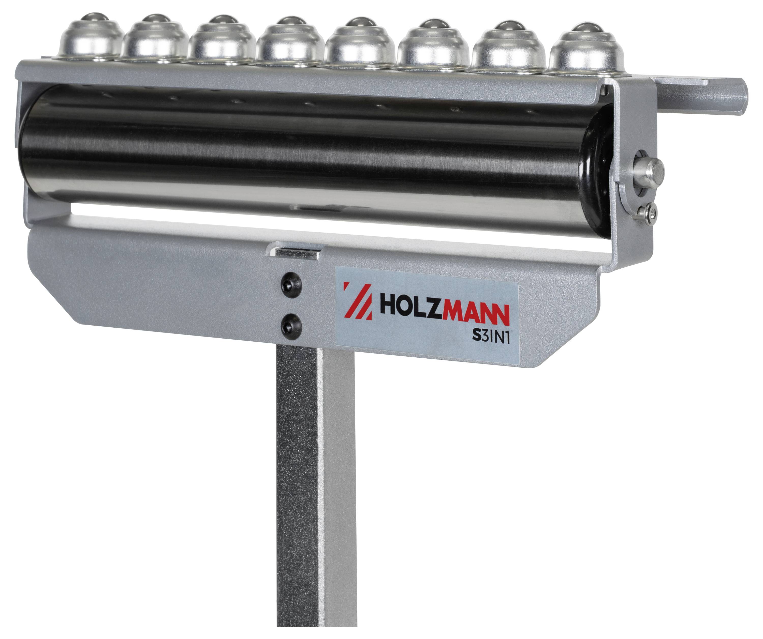 Ein Metallrollenbahn-Ständer mit mehreren Kugellaufrollenrohren, mit der Bezeichnung 'Holzmann S31N1', verwendet zum Stützen und Führen von Materialien.